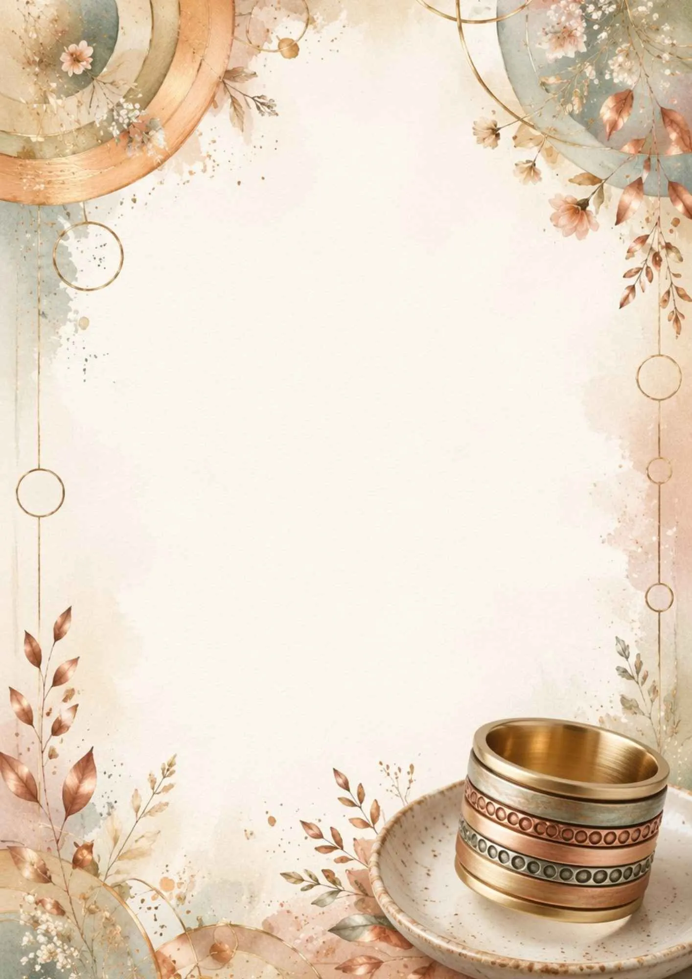 A watercolor writing page featuring a stack of bronze, brass, and copper rings on a ceramic saucer, with earth-toned leaves.