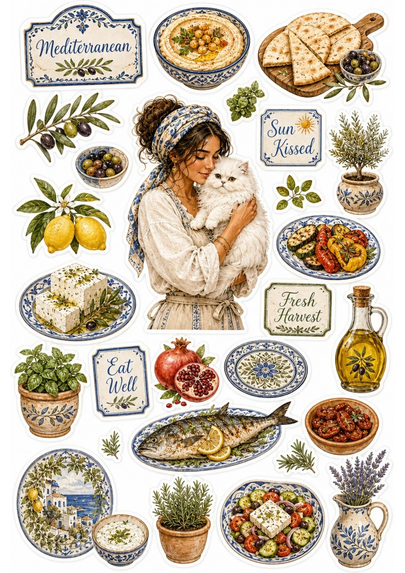 A girl preparing tacos and guacamole in a vibrant kitchen with a white cat. Surrounding stickers include avocados, hot peppers, and text saying 'Taco Tuesday' and 'Spicy & Sweet'.