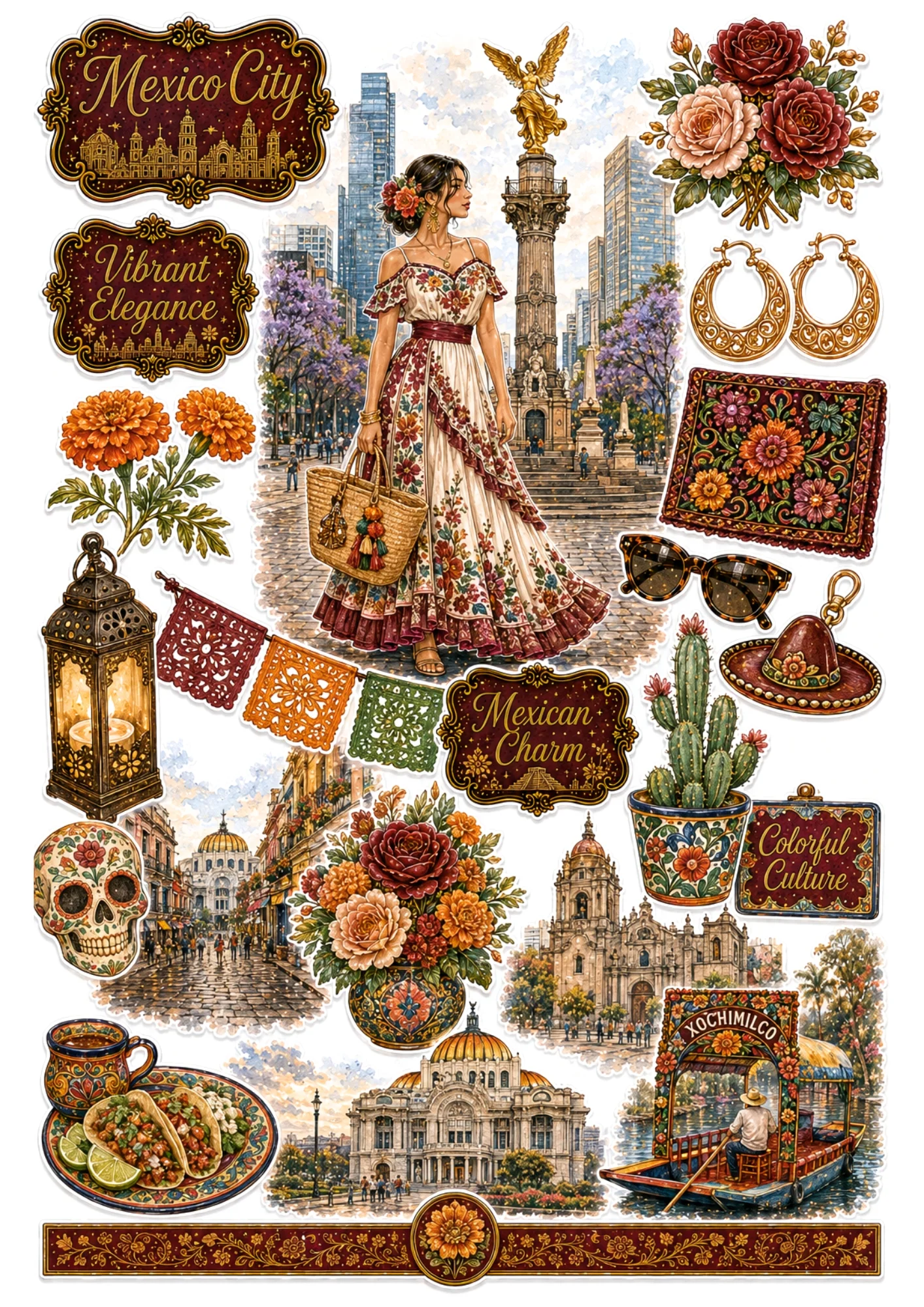 Mexico City sticker sheet showing a woman in an embroidered off-shoulder dress at Angel of Independence, tacos, sugar skull, and cactus.