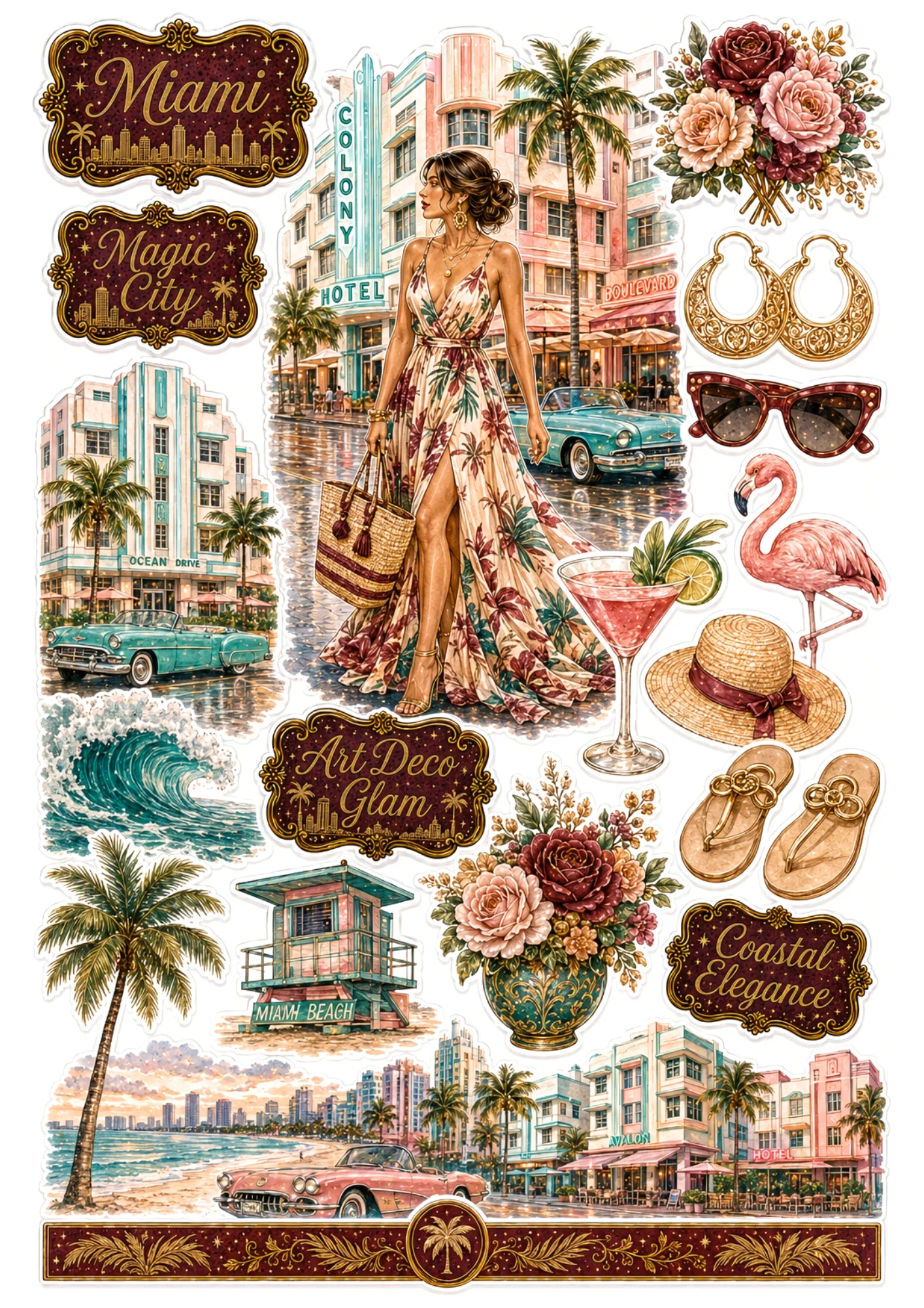 Miami sticker sheet depicting a woman in a tropical sundress on Ocean Drive outside Colony Hotel, flamingo, cocktail, and lifeguard tower.