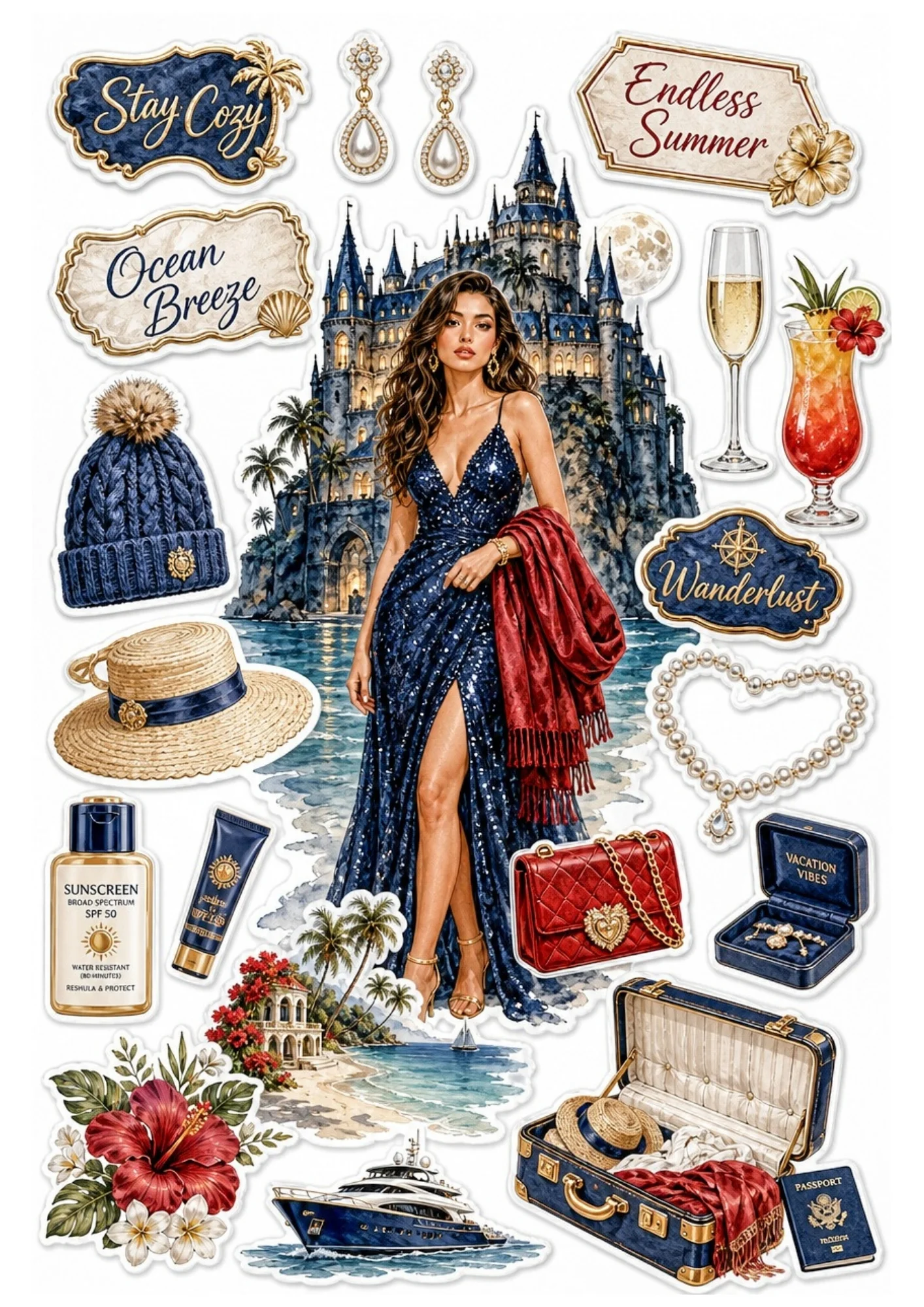 Printable sticker sheet featuring a woman in a sparkling midnight blue gown with a red shawl, with stickers including an open trunk with passport, yacht, sunscreen, and pearl necklace.