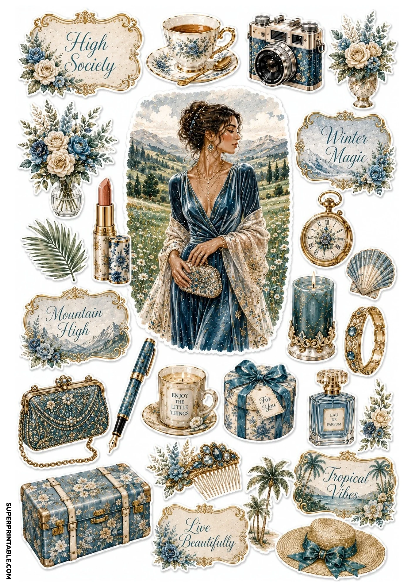 Midnight blue sticker sheet portraying a woman in a velvet dress among mountain wildflowers, blue teacups, perfume, trunk, and gold labels.