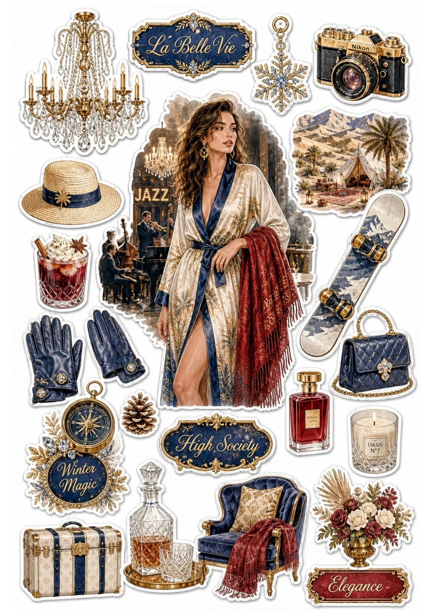 Printable sticker sheet showcasing a woman in a satin robe before a jazz band, blue armchair, snowboard, crystal chandelier, and red perfume bottle.