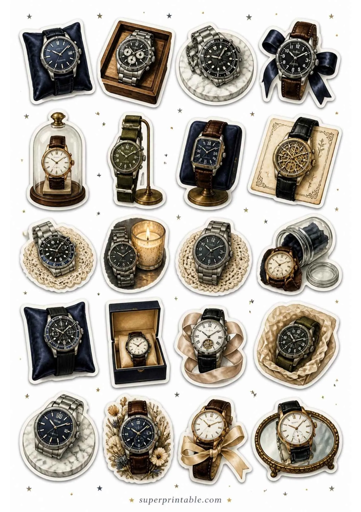 A sheet of printable stickers showing military chronographs, pilot watches, green NATO straps, and steel bracelets.