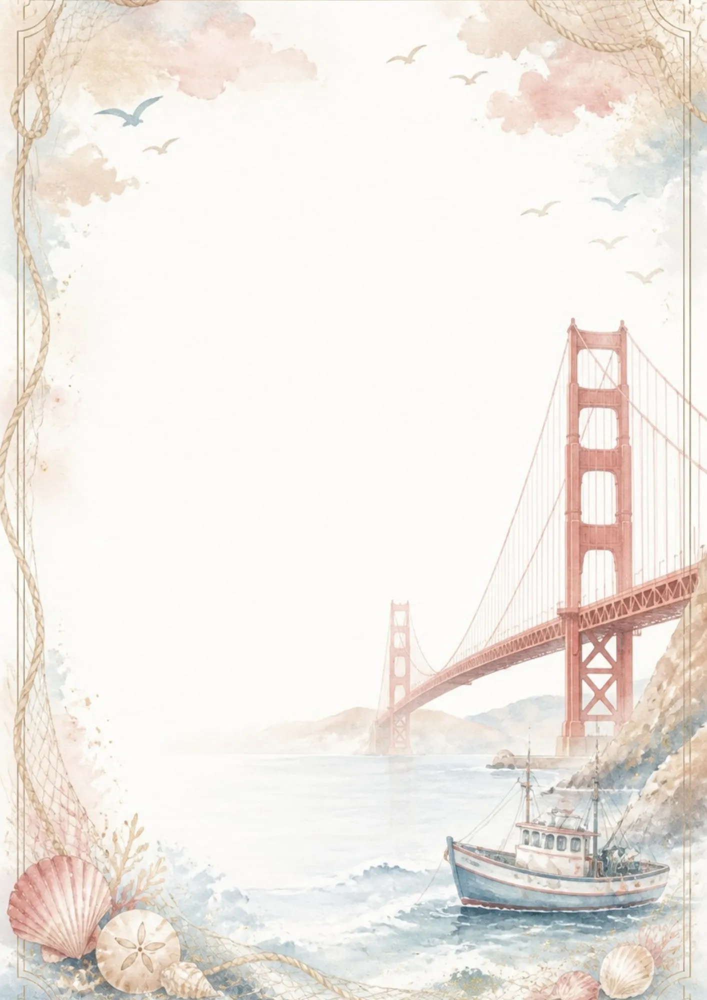 A historic writing page showing the Mission Dolores Basilica and gardens in San Francisco with watercolor wash.