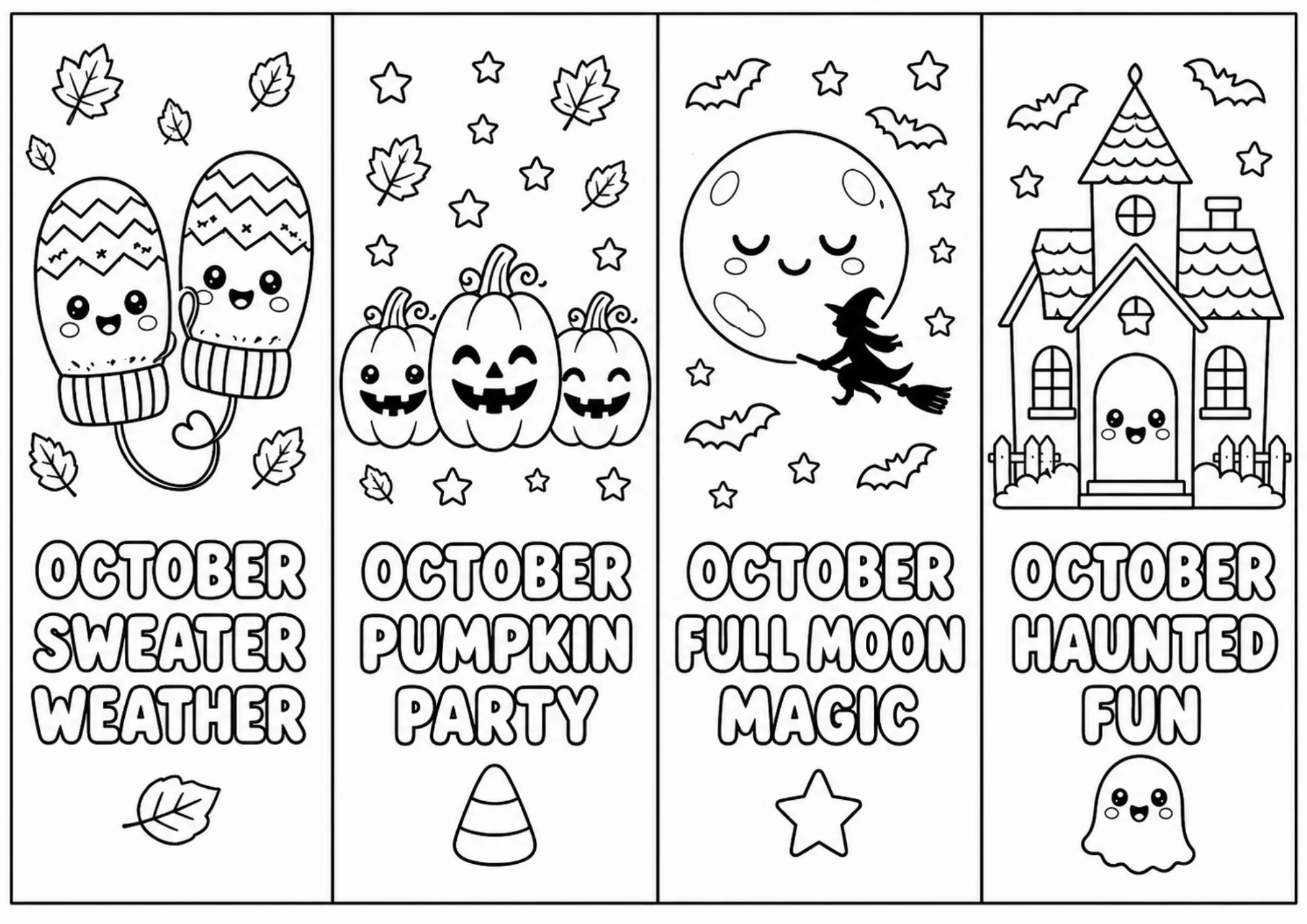 Four vertical coloring bookmarks displaying winter mittens, three jack-o'-lantern pumpkins, a full moon with a flying witch silhouette, and a cute haunted house.