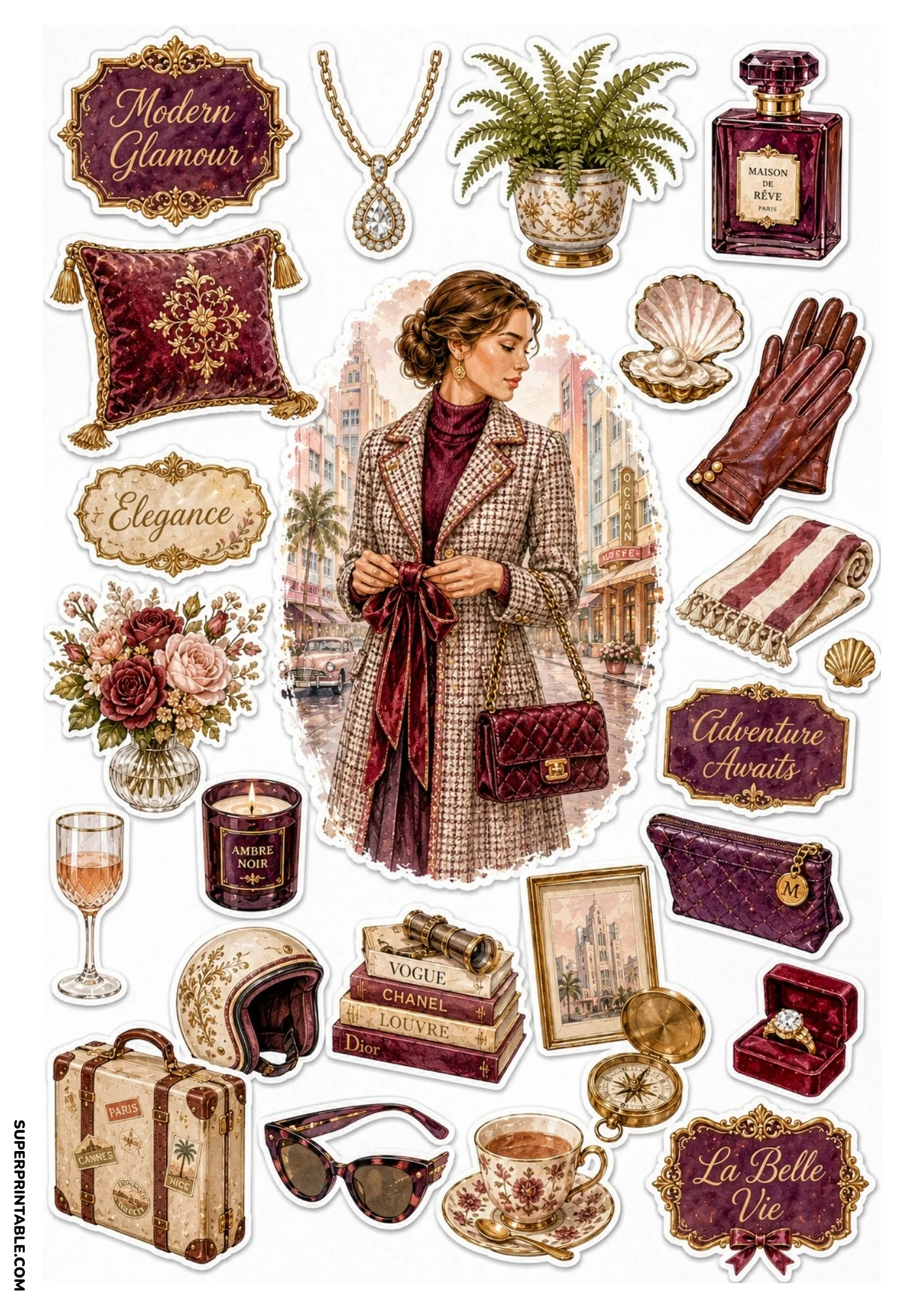 Printable sticker sheet centered on a woman in a houndstooth coat, accompanied by burgundy perfume bottles, suitcases, vintage books, and cat-eye sunglasses.