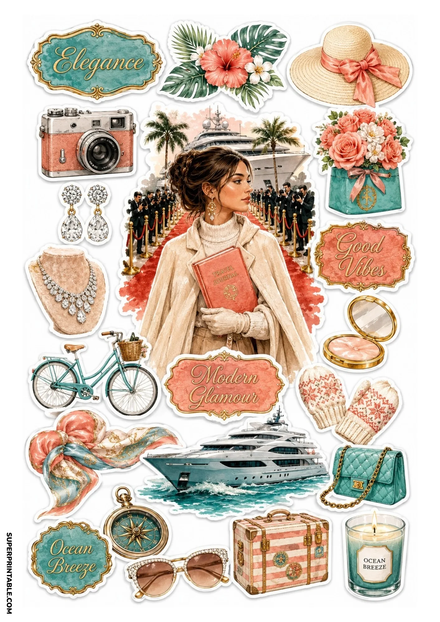 Printable sticker sheet with a red-carpet fashion scene and superyacht central image, flanked by teal and coral travel stickers, camera, jewelry, and vintage typography badges.