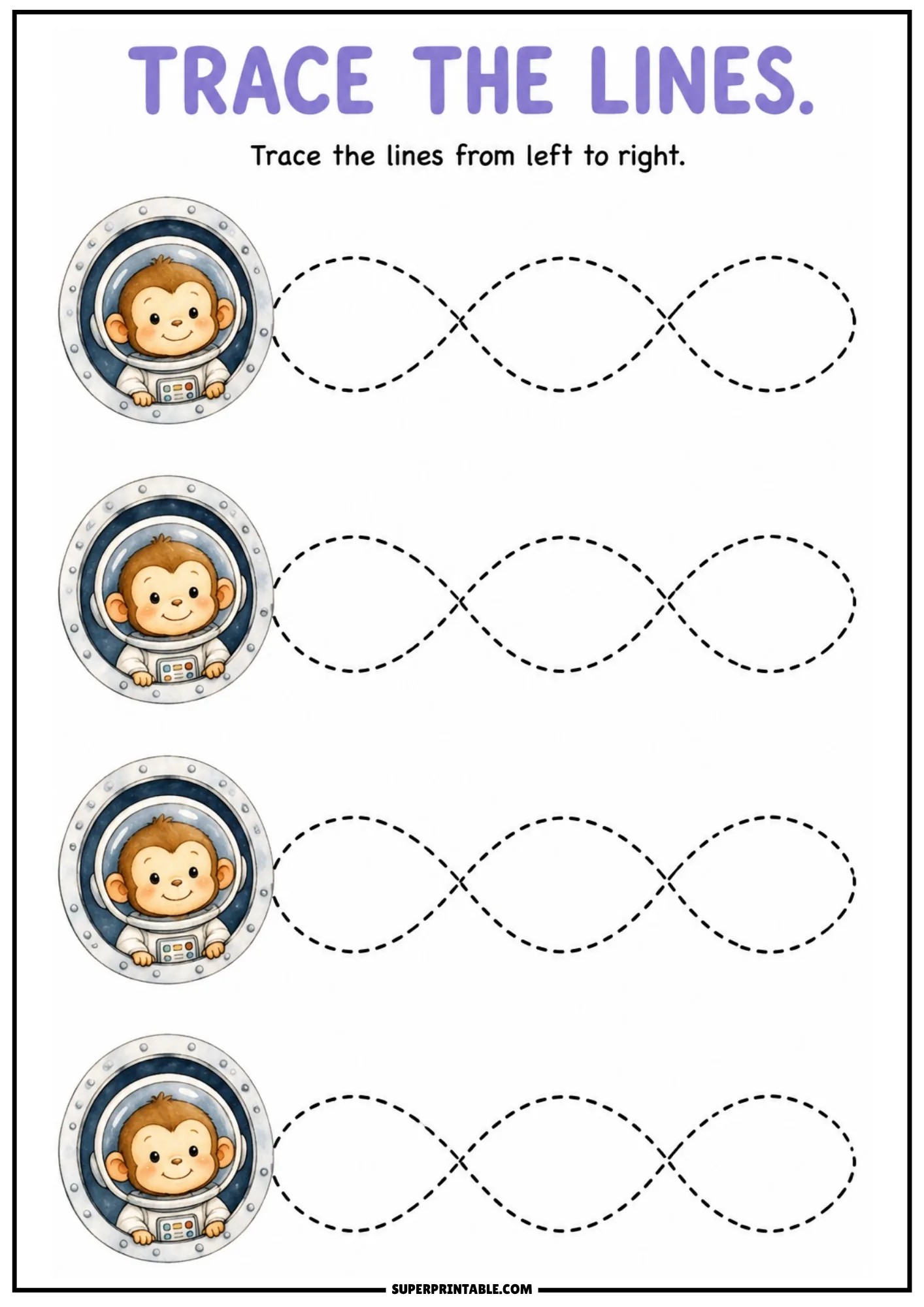 Line tracing worksheet depicting monkey astronauts in spaceship portholes next to dashed infinity loop patterns.