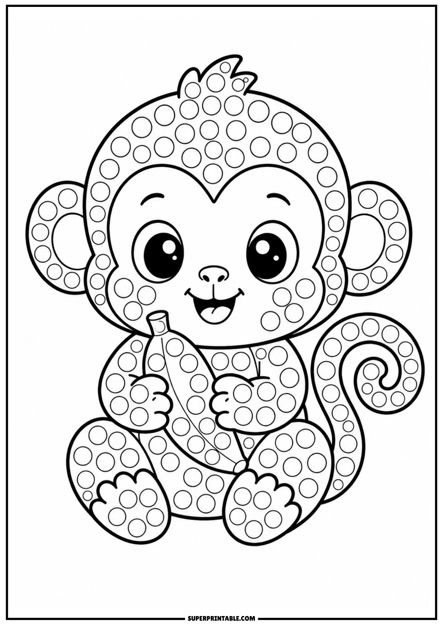 A cute cartoon monkey sitting down and holding a banana, covered in circular dot markers.