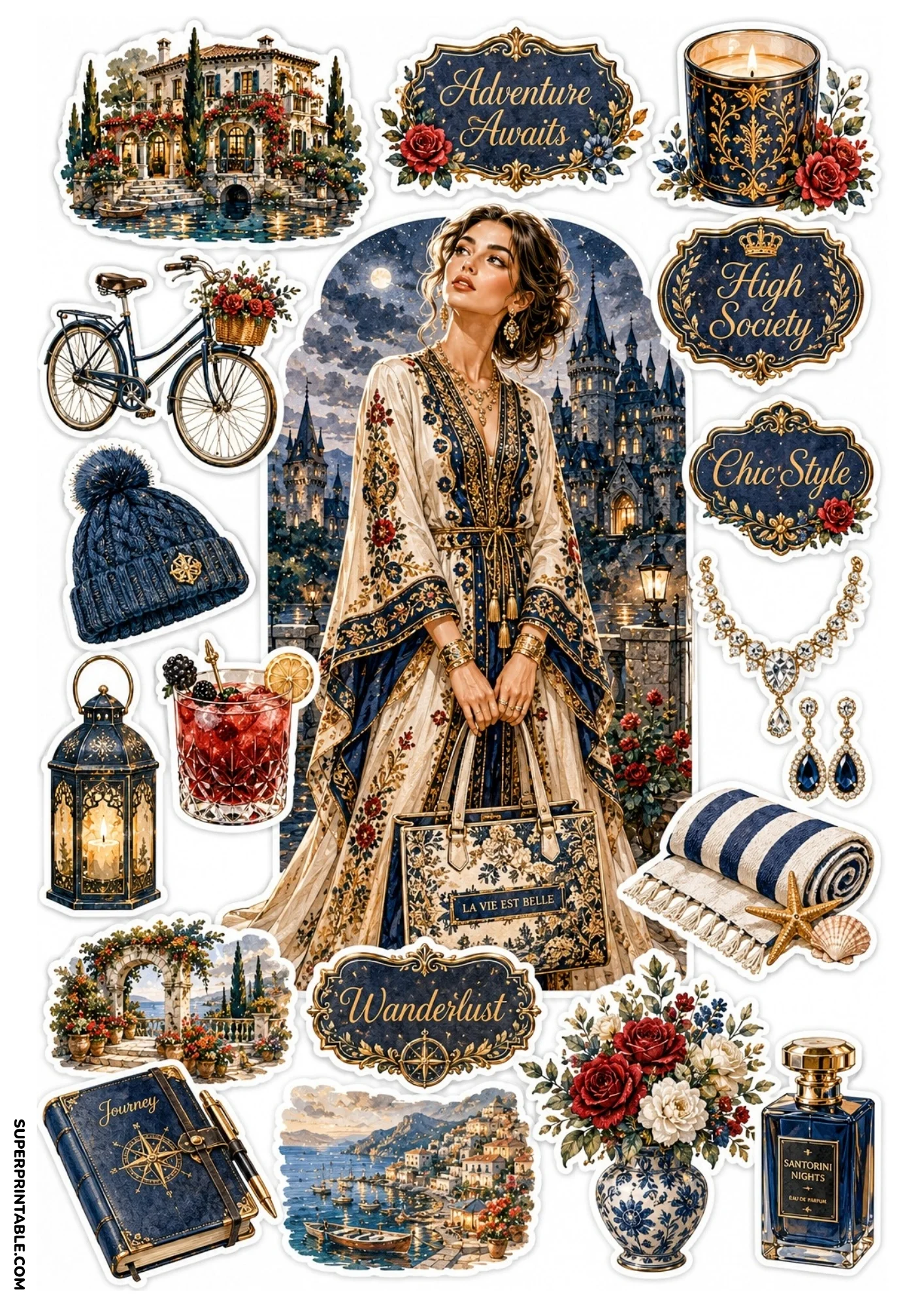 Printable sticker collection with a woman in an ornate blue kaftan gown before a moonlit castle, navy lantern, iced cocktail, blue journal, and perfume bottle.