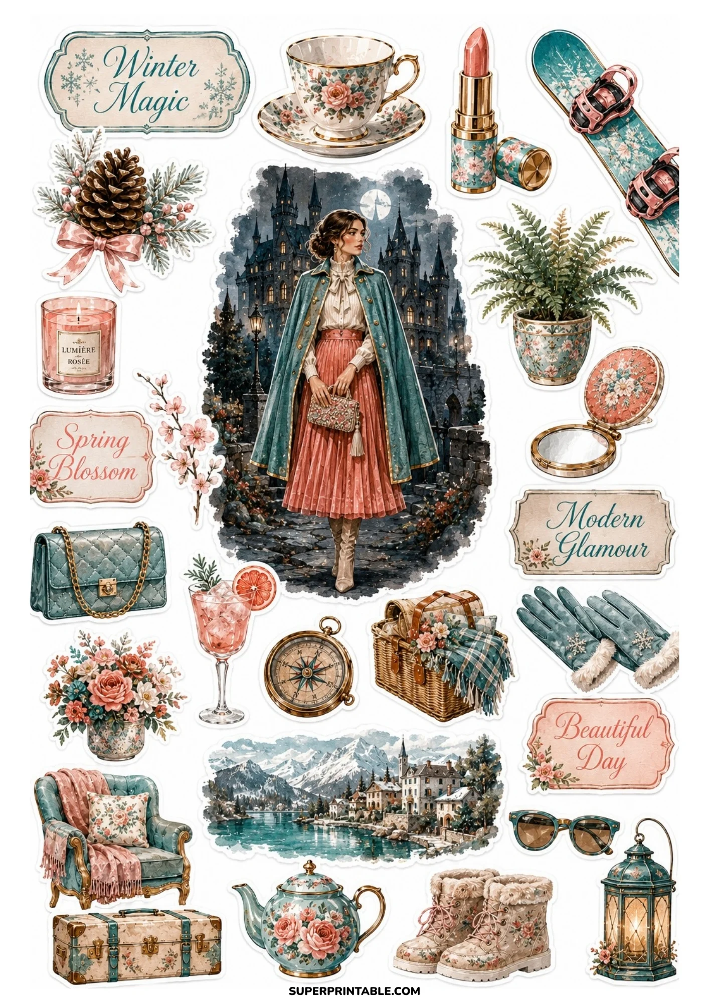 A printable sticker sheet depicting a woman in a teal cape coat near a moonlit castle, alongside a teal handbag, picnic basket, potted fern, and boots.