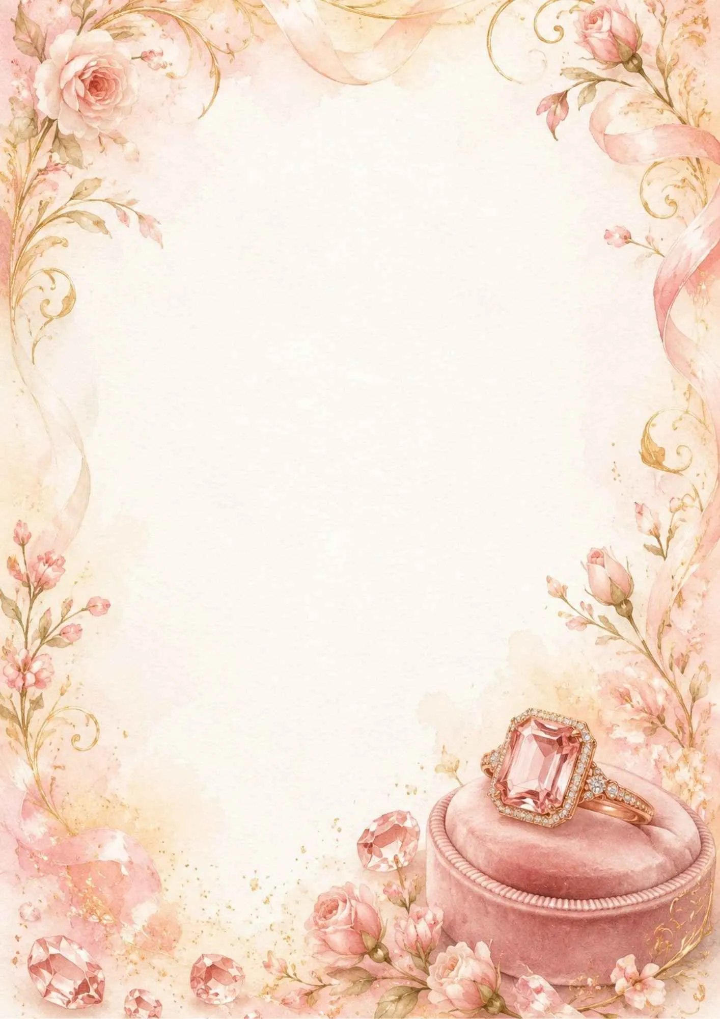 A watercolor writing page featuring a rose gold emerald-cut pink morganite ring on a pink velvet box, with pink roses and golden scrolls.