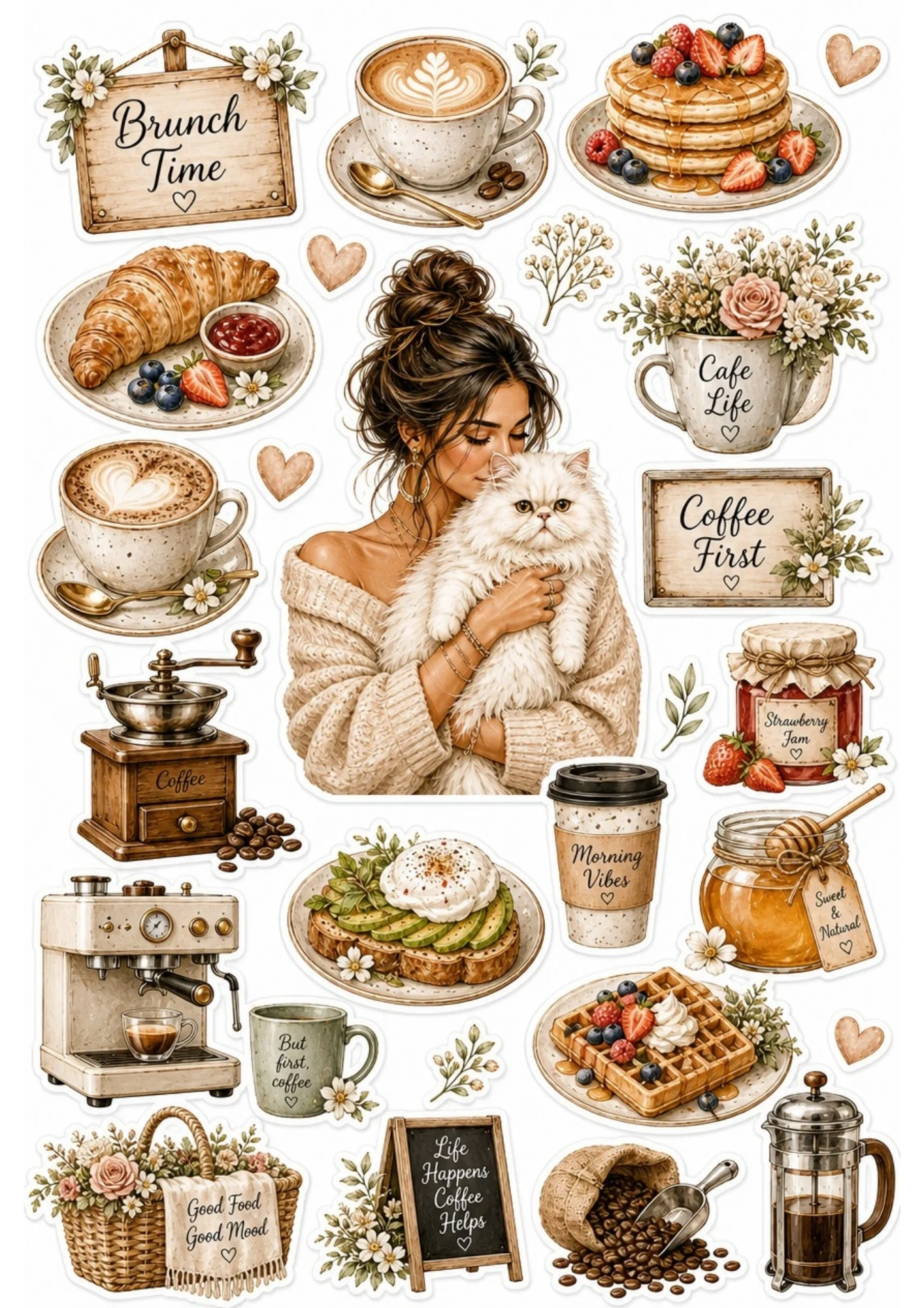 A girl enjoying a brunch of croissants and coffee with her white cat. Surrounding stickers include avocado toast, waffles, coffee cups, and text saying 'Brunch Time' and 'Cafe Life'.