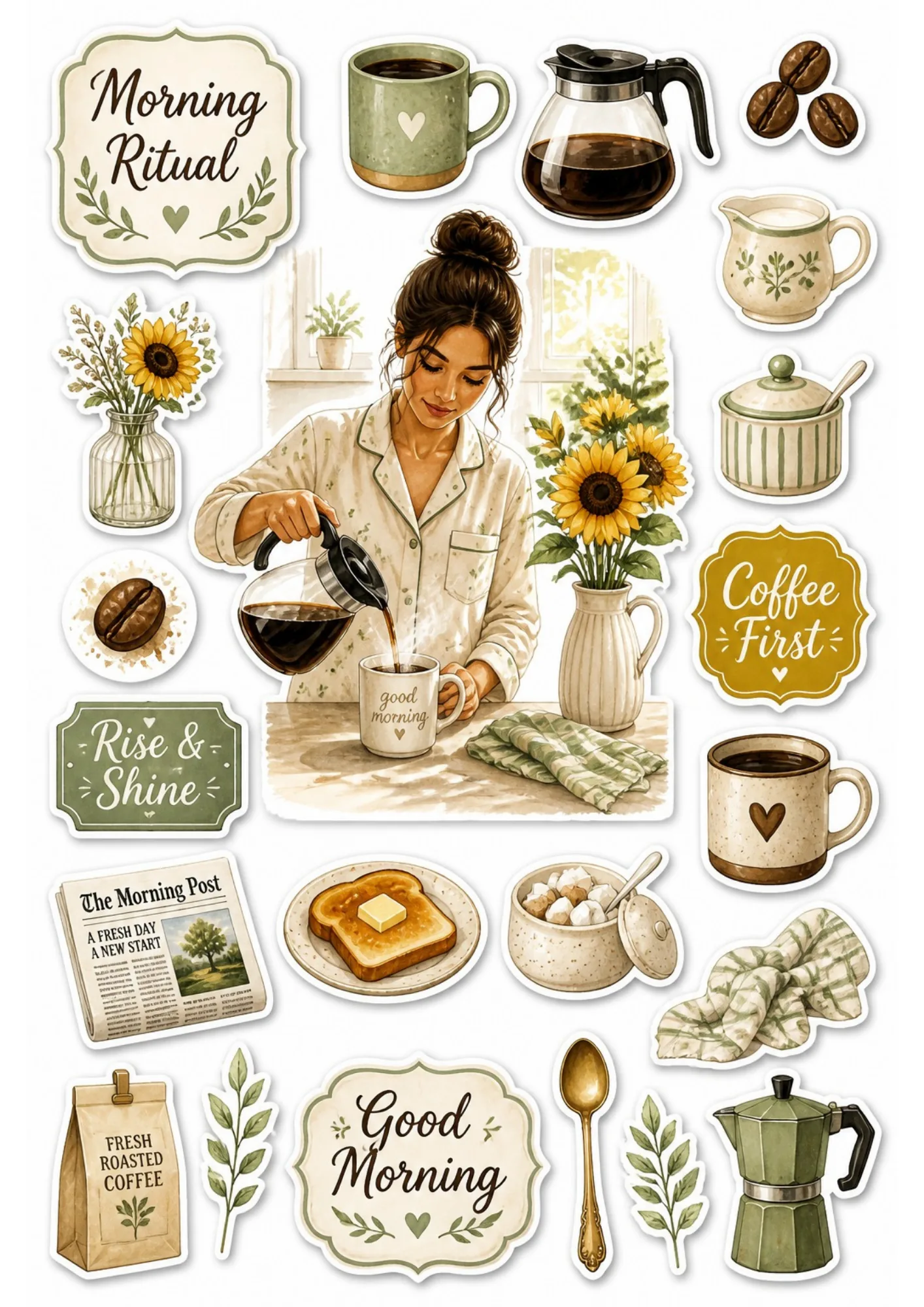 Morning coffee ritual sticker sheet with a central illustration of a woman pouring coffee next to sunflowers, buttered toast, morning signs, and a green Moka pot.