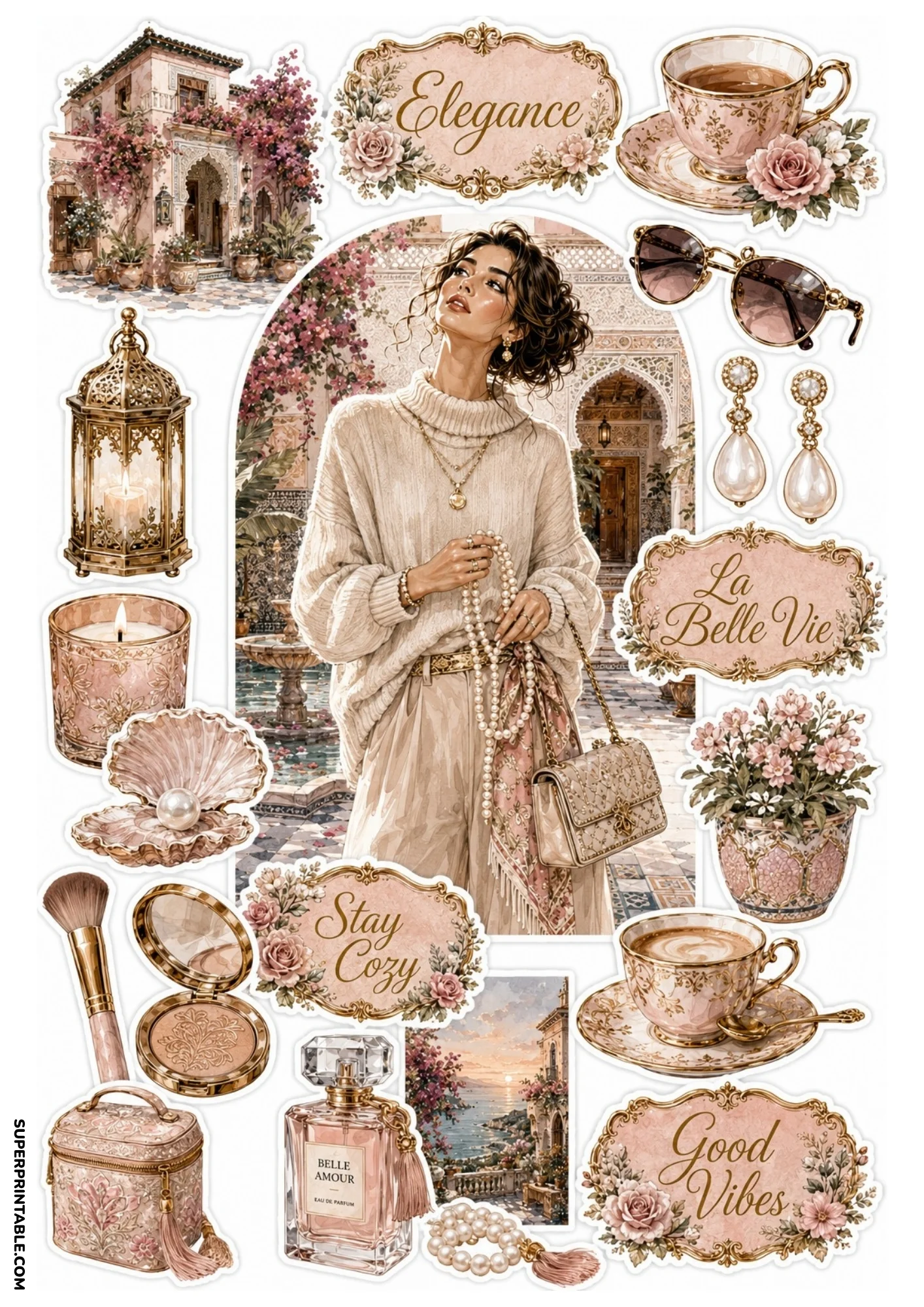 Printable sticker sheet showing a woman holding a pearl necklace in a tiled courtyard, pink teacup, makeup compact, pink perfume bottle, and vanity case.