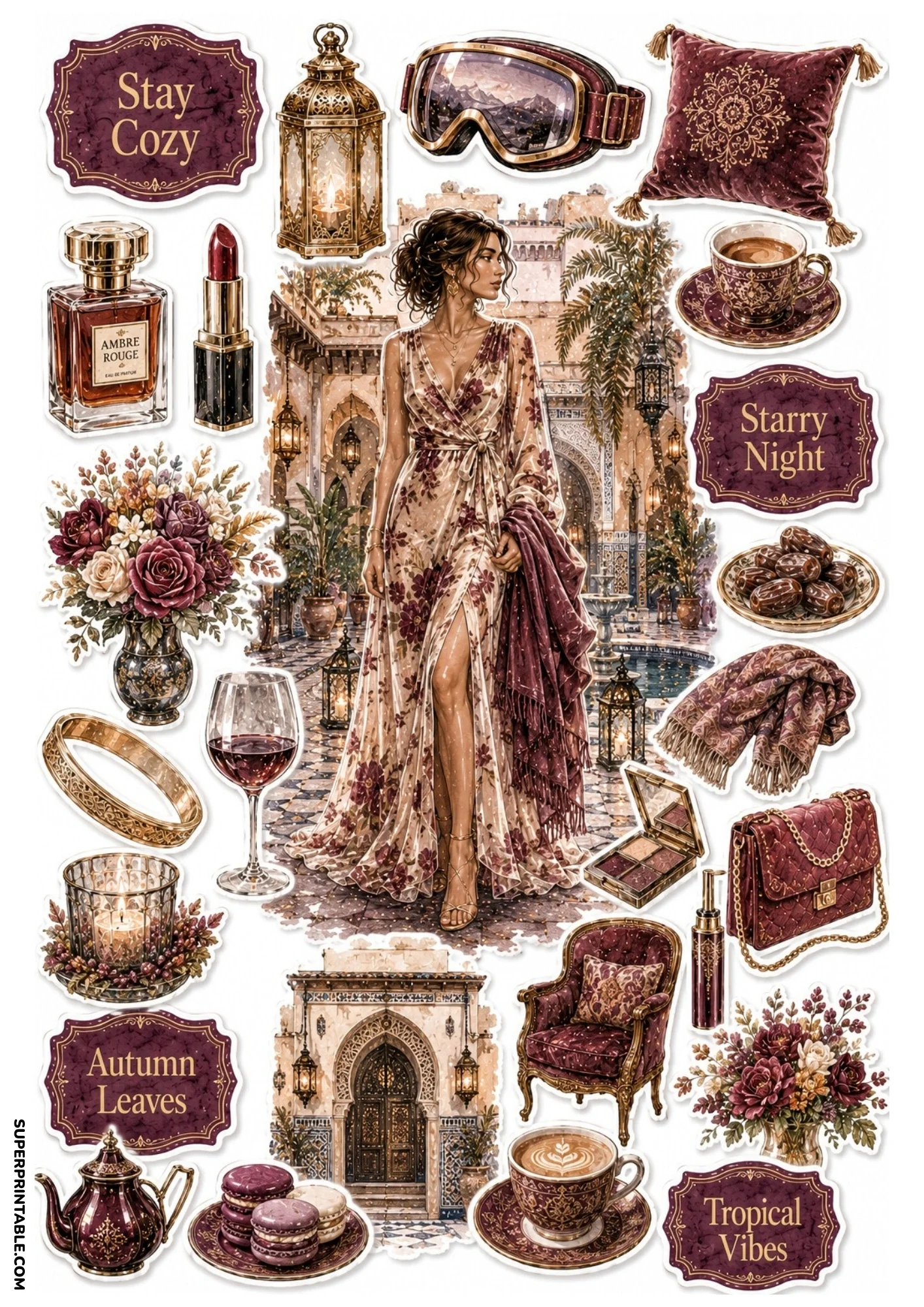 Sticker sheet displaying a woman in a burgundy floral dress in an arched courtyard, encircled by lanterns, tea sets, armchairs, and golden accessories.