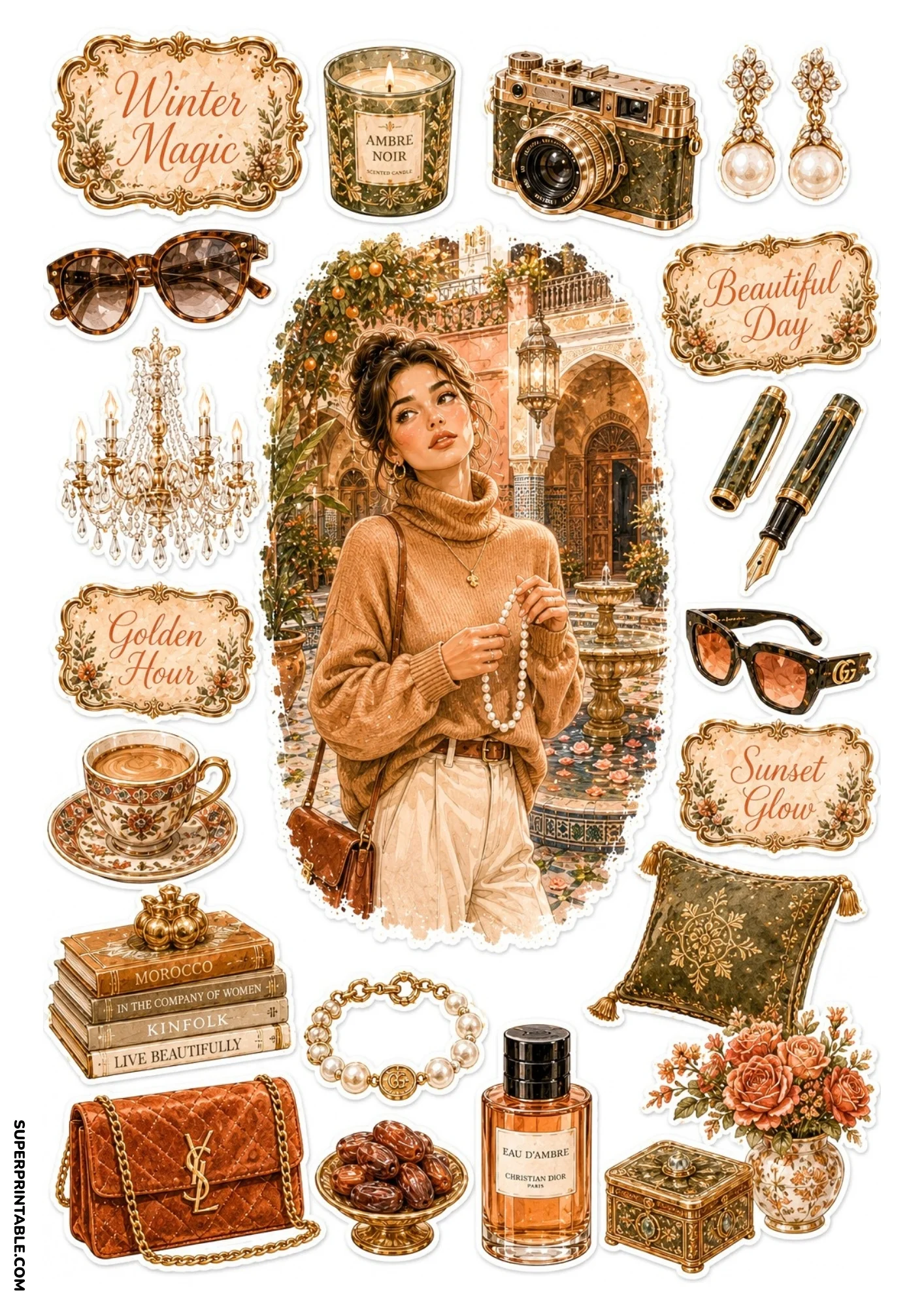 Printable sticker sheet displaying a woman in a tan sweater in a Moroccan riad courtyard, accompanied by Christian Dior perfume, dates bowl, and design books.
