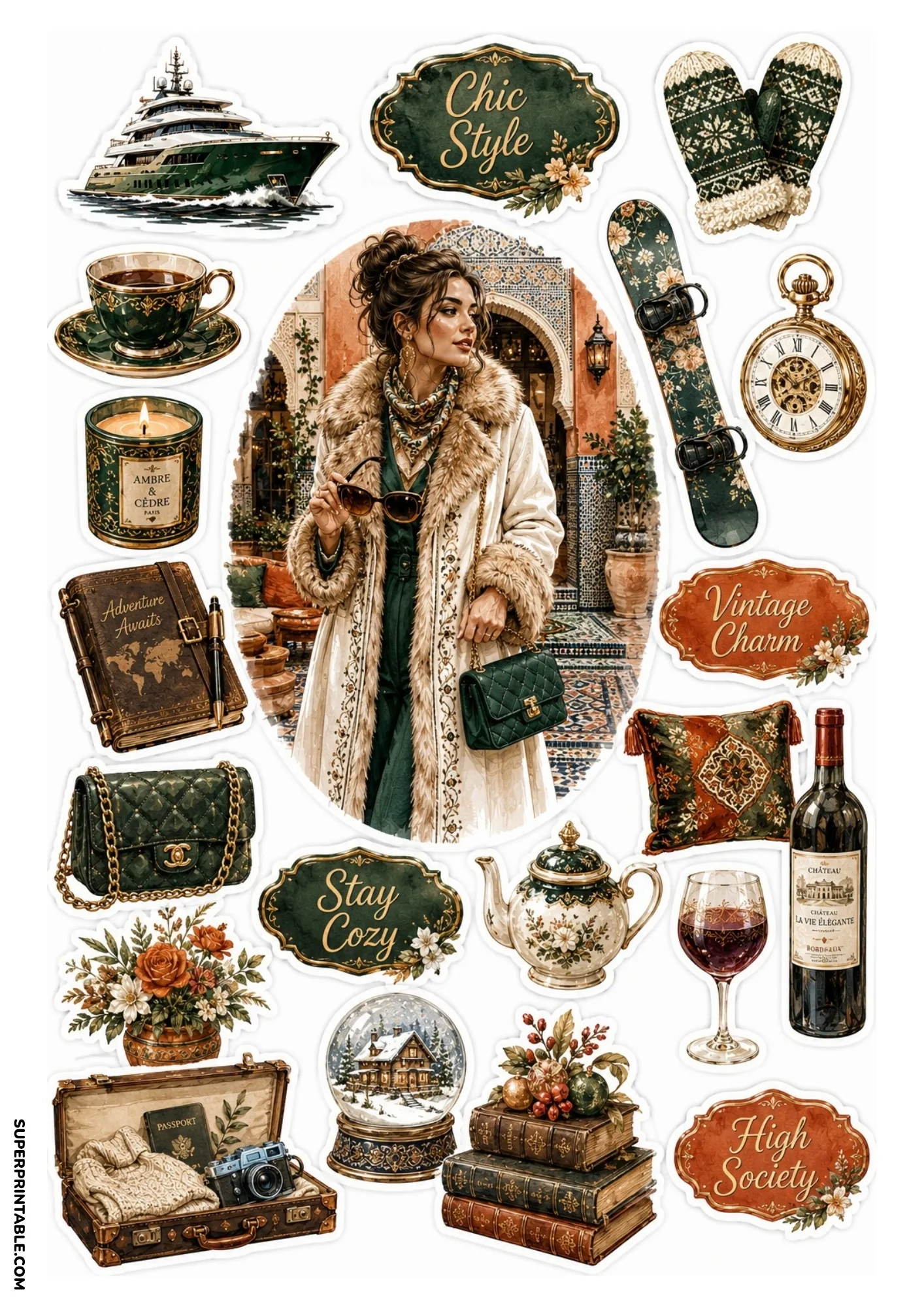 Printable sticker sheet with a central portrait in a mosaic courtyard, surrounded by emerald green and terracotta stickers including a green superyacht, wine bottle, snow globe, and cozy badges.
