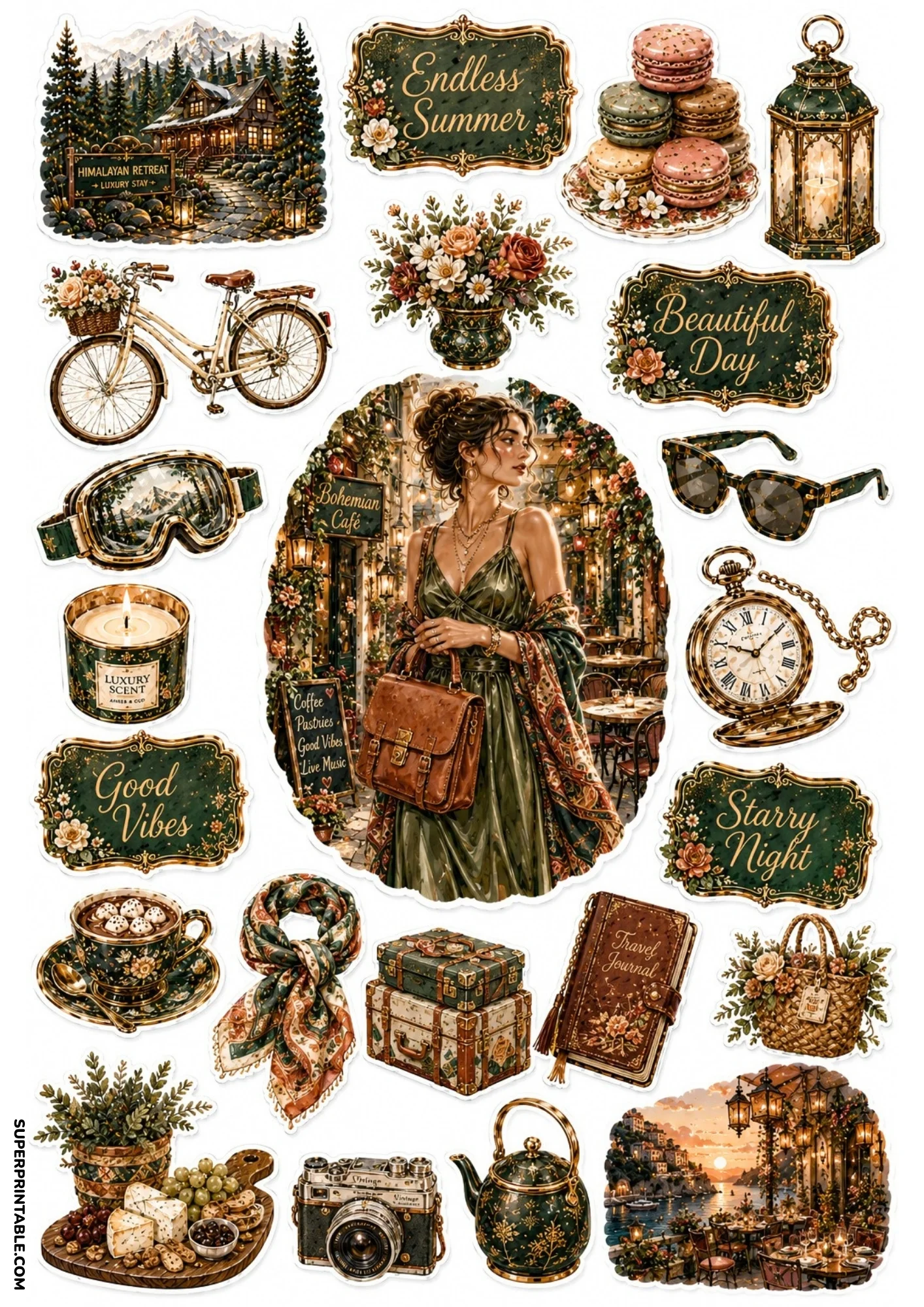 Printable sticker sheet in moss green featuring a woman at a bohemian cafe, vintage bicycle, pocket watch, cheese board, teapot, and camera.