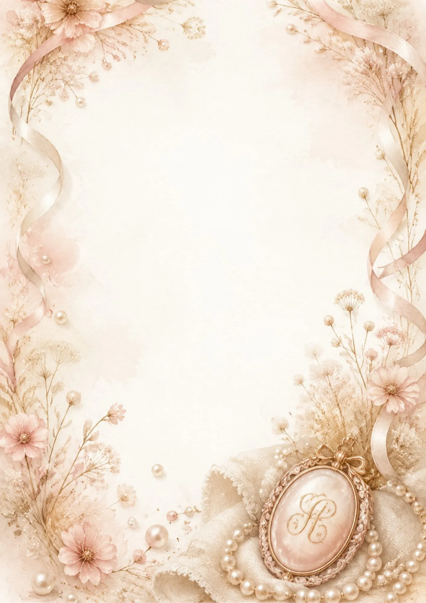 A classic cream writing page featuring an oval mother-of-pearl cameo pendant with a gold monogram initial, resting on silk with pearl strands.