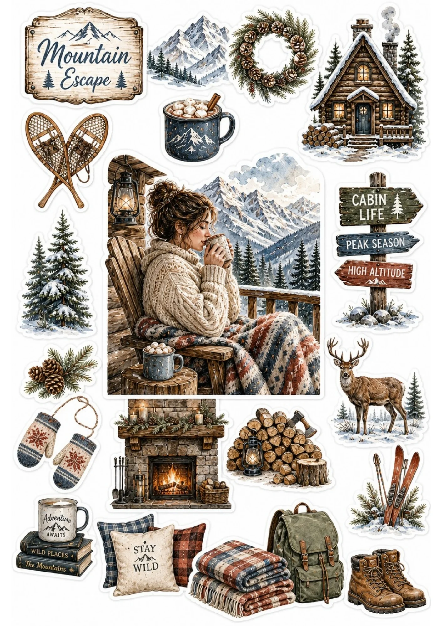 A girl bundled in a sweater sitting on a snowy cabin porch drinking hot cocoa. Surrounding stickers include cozy fireplaces, wooden cabins, snowshoes, skis, and text saying 'Mountain Escape' and 'Cabin Life'.