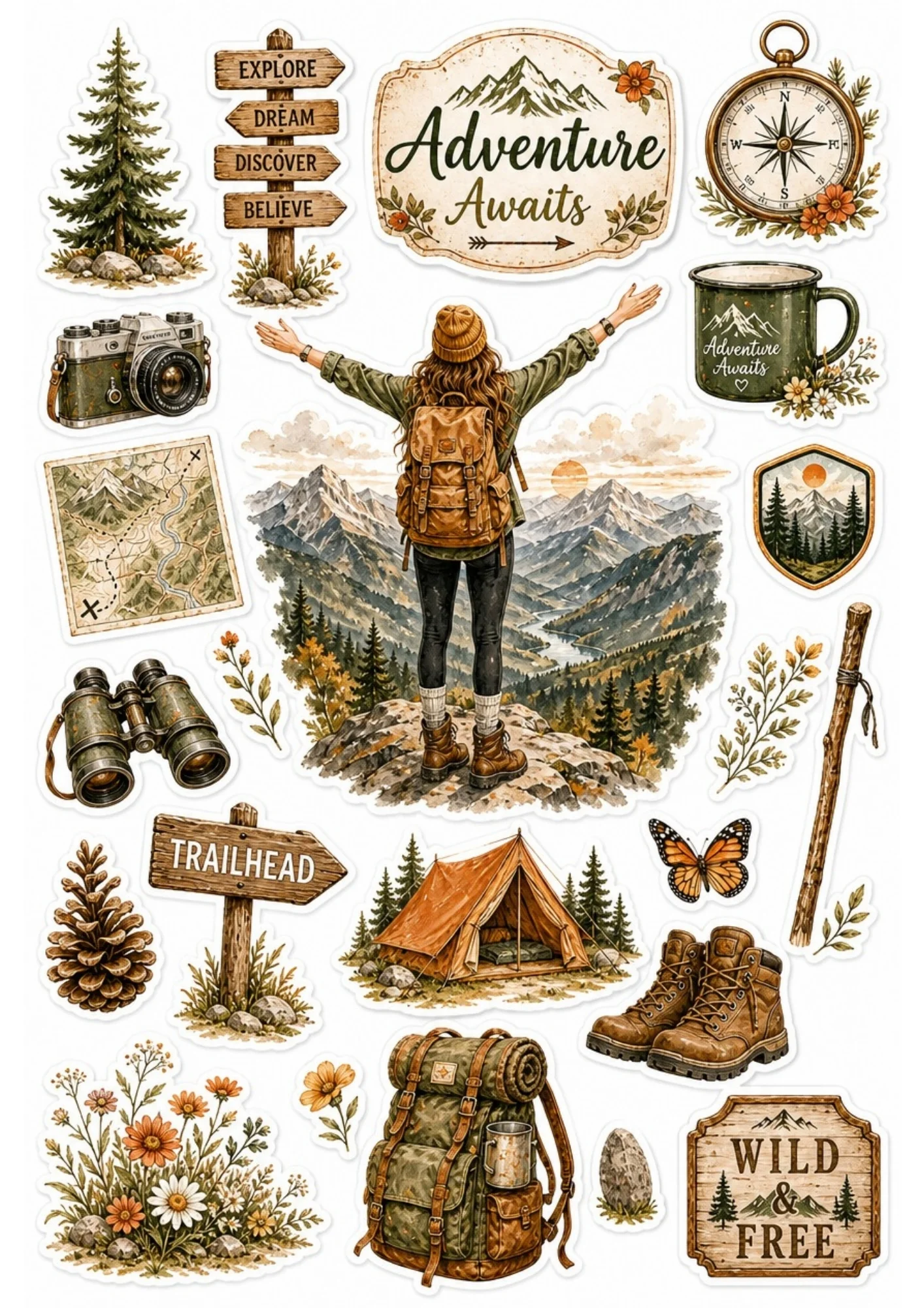 A girl with a backpack raising her arms while overlooking a majestic mountain valley. Surrounding stickers include pinecones, tents, compasses, binoculars, and text saying 'Adventure Awaits' and 'Explore Dream Discover Believe'.