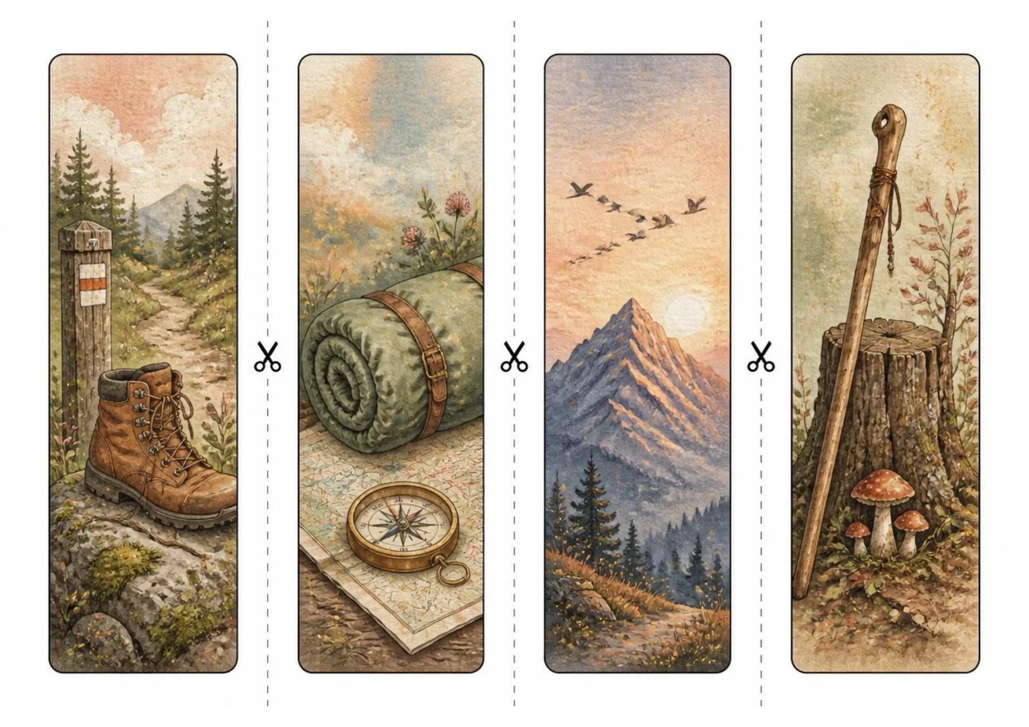 Four watercolor mountain adventure bookmarks depicting a leather hiking boot by a trail marker, a brass compass on a map with sleeping bag, a mountain peak with migrating birds, and a carved walking stick by wild mushrooms.