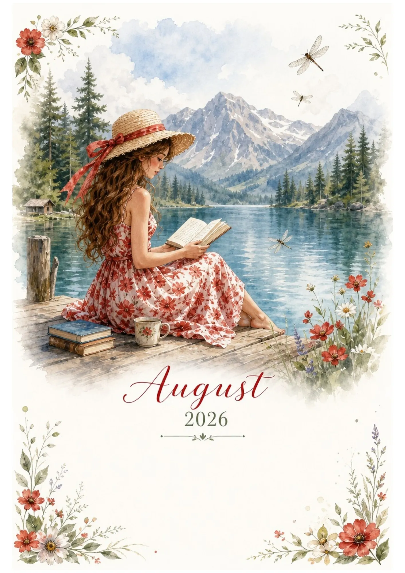 Watercolor illustration of a woman in a straw hat reading a book on a wooden dock by a mountain lake, with the text August 2026 and a blank writing space.