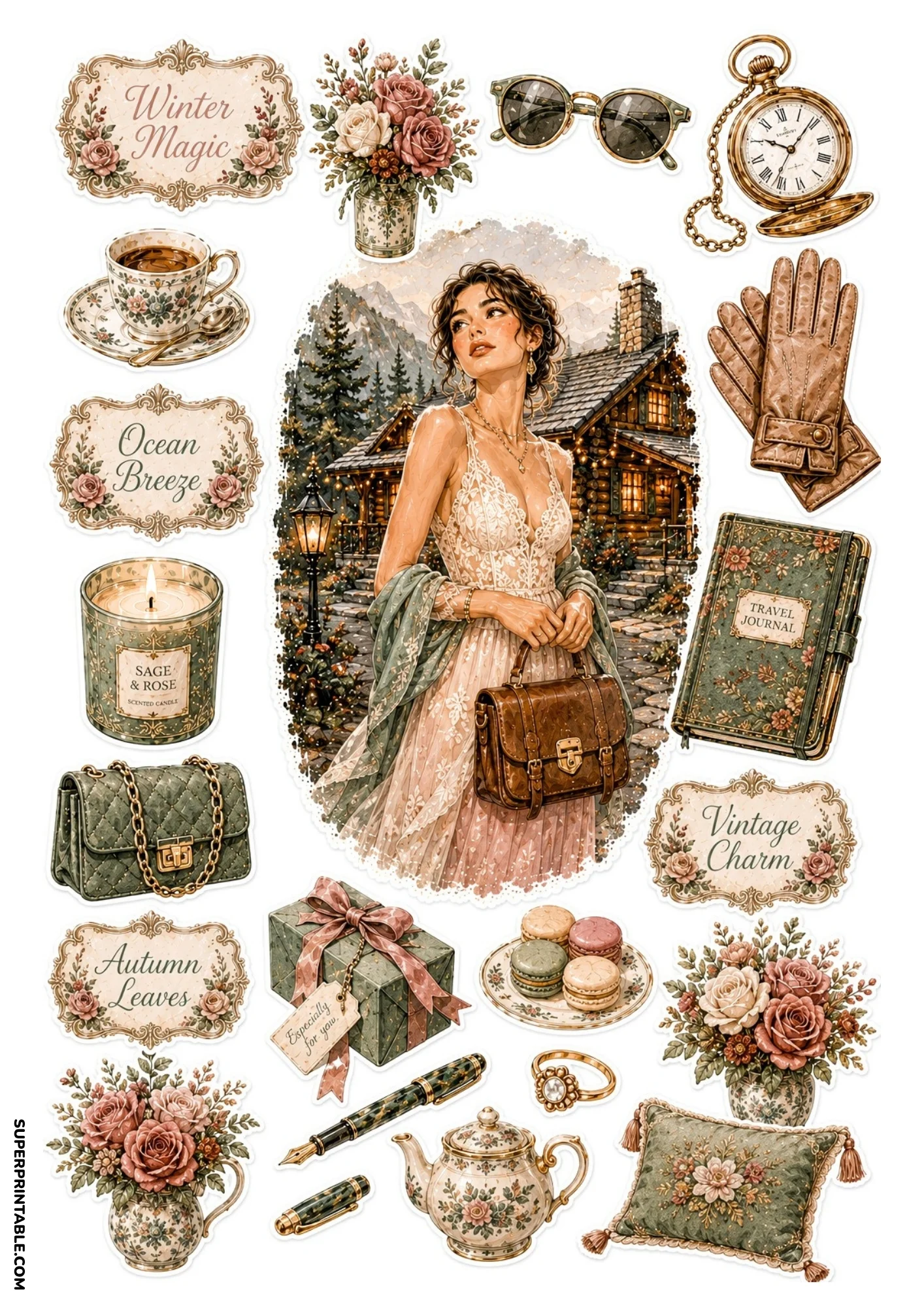 Printable sticker sheet showing a woman in a lace gown outside a glowing mountain log cabin, with leather satchel, sage candle, and pocket watch.