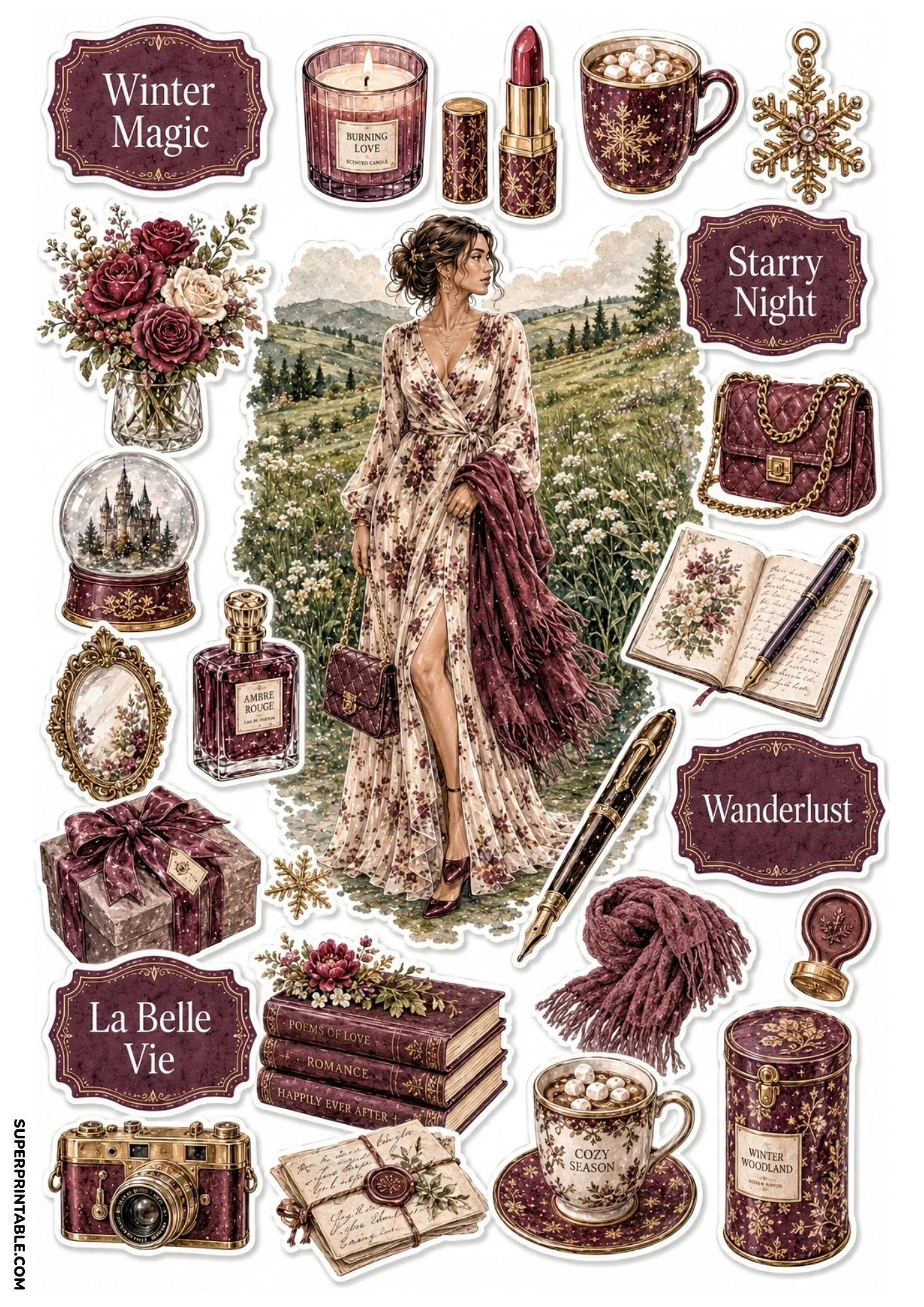 Watercolor sticker page illustrating a woman in a floral dress on a grassy hillside before mountains and a castle, framed by snow globes, journals, and cocoa mugs.
