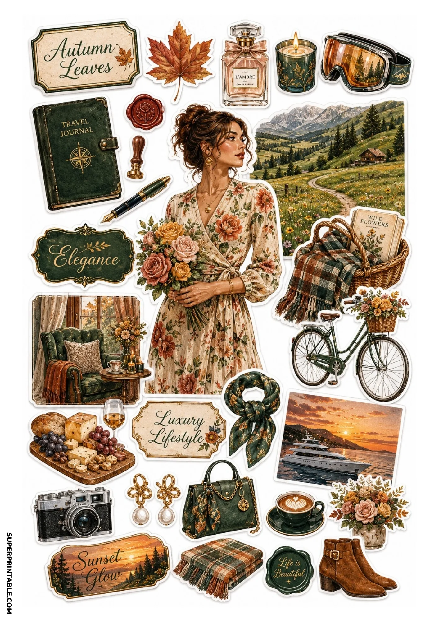 Printable sticker sheet featuring a woman in a floral dress in a meadow, surrounded by forest green stickers including a sunset yacht photo, green travel journal, picnic basket, and armchair.