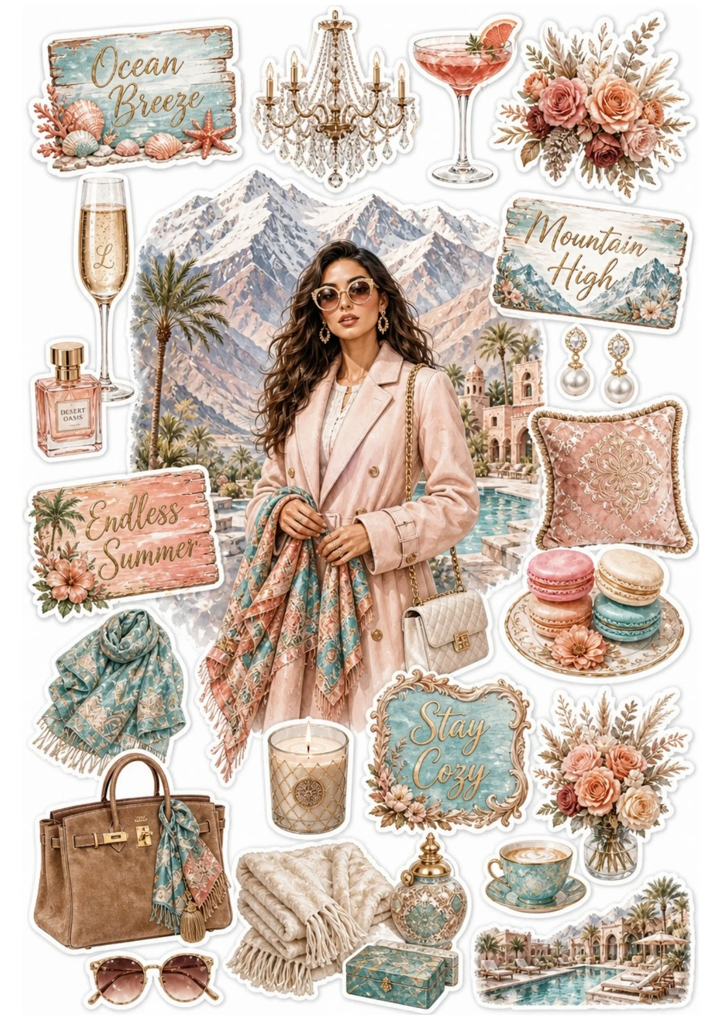 Printable sticker sheet displaying a woman in a blush coat before mountain peaks with chandelier, leather tote bag, champagne glass, and floral stickers.