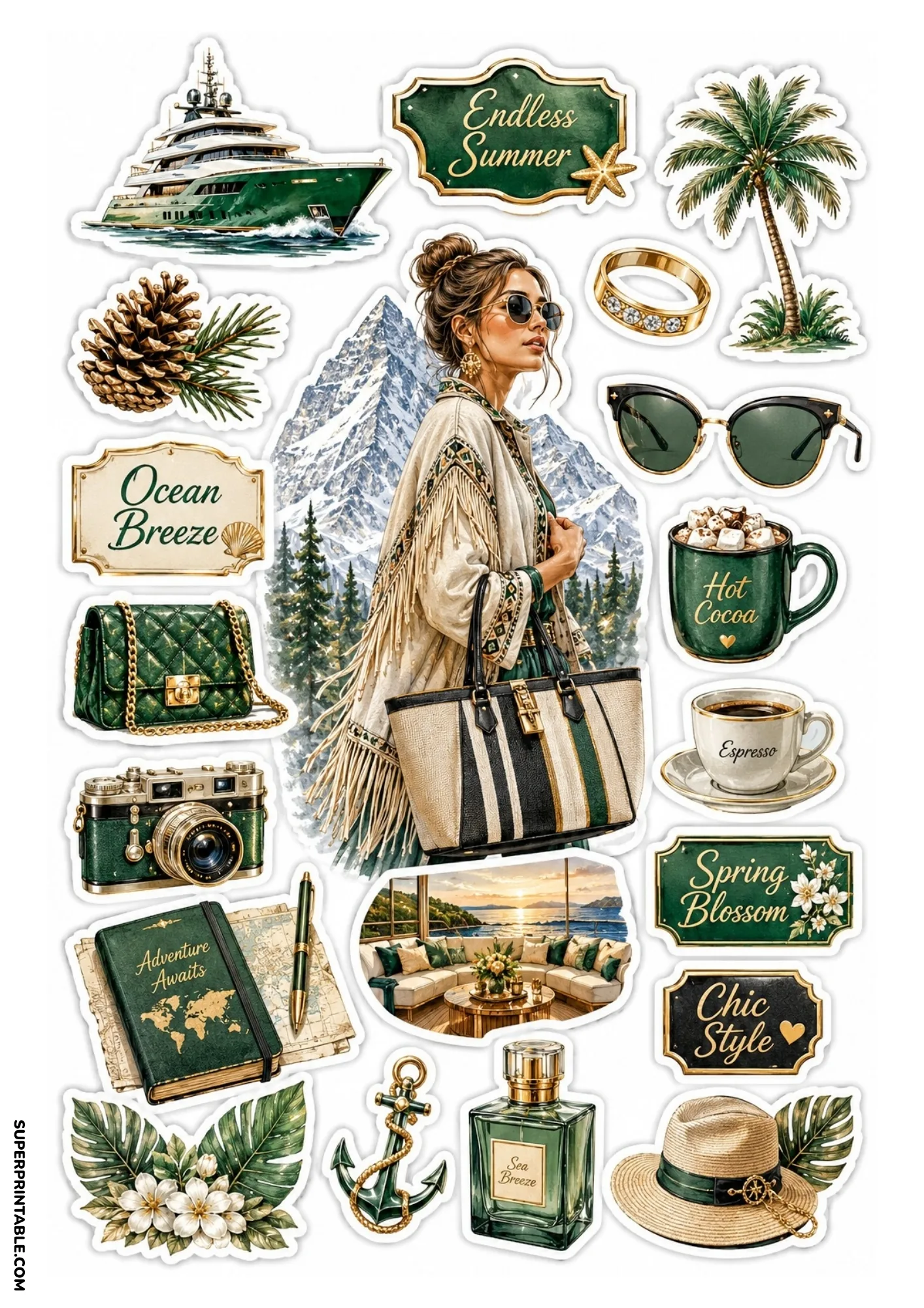 Printable sticker sheet featuring a central woman before snowy mountains, flanked by forest green stickers including a large green superyacht, leather journal, camera, and gold anchor.