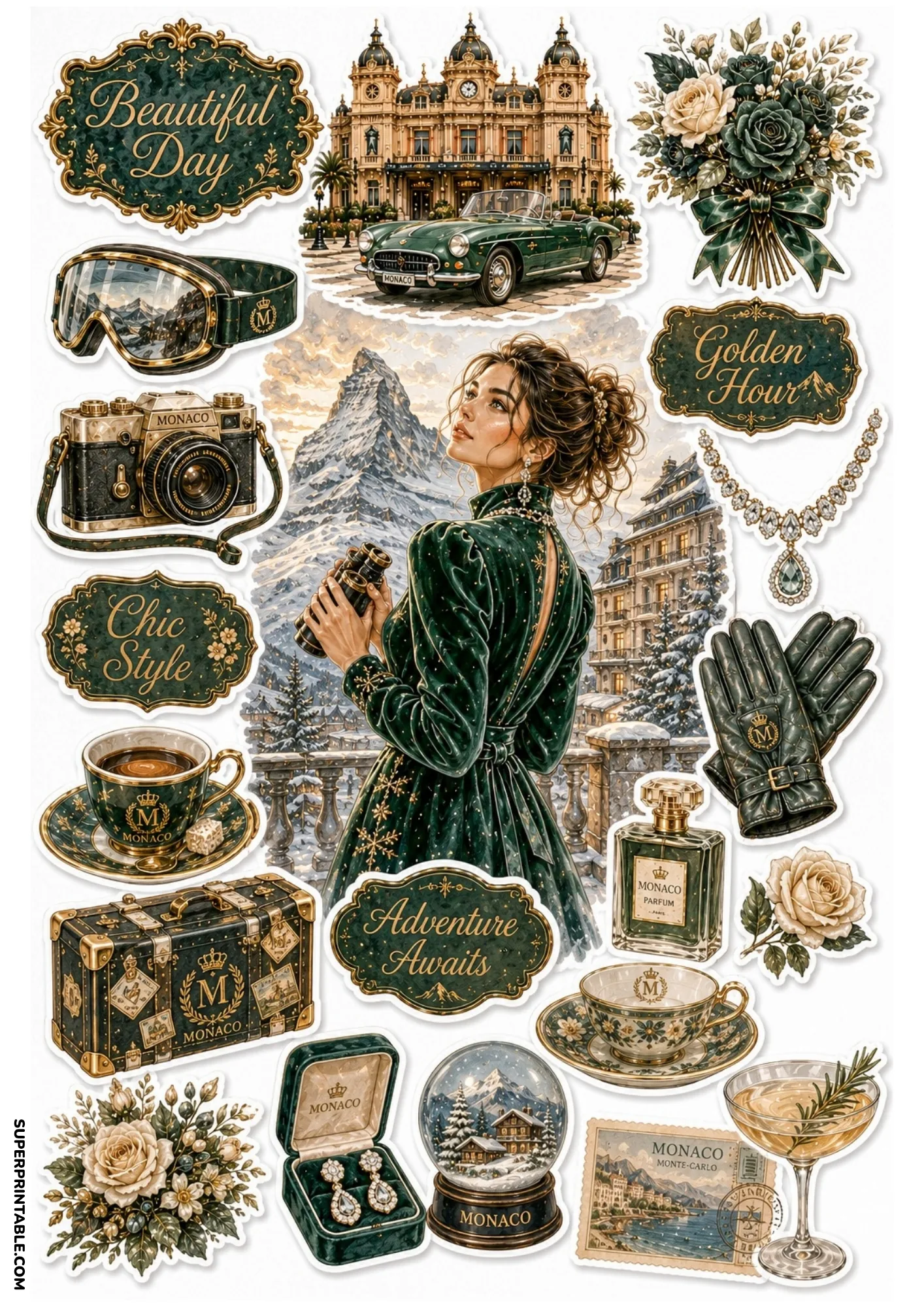 Printable sticker sheet with a woman in an evening dress looking at snowy mountains, ski goggles, camera, and luxury luggage.