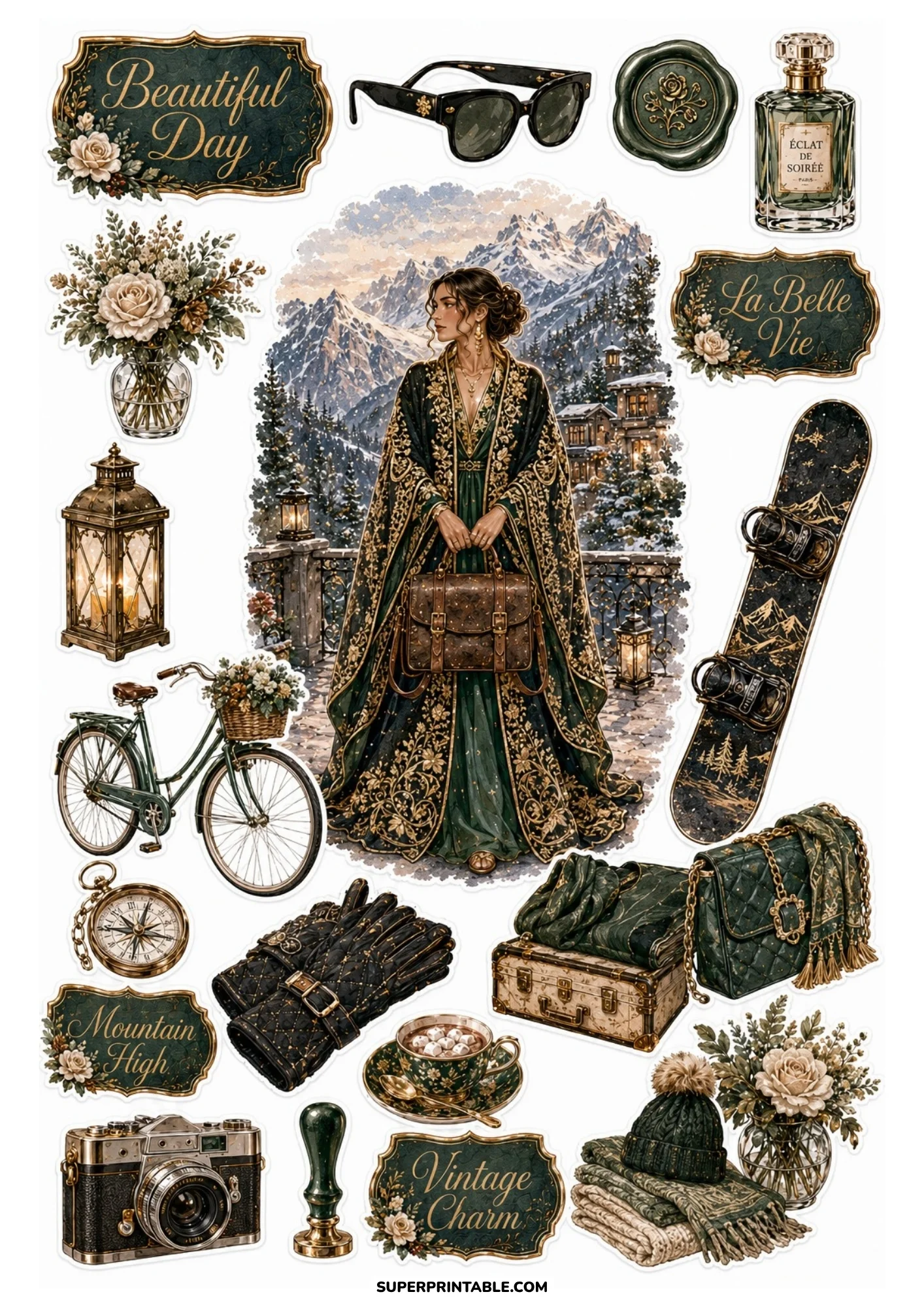 A printable sticker sheet depicting a woman in an embroidered green cloak on a snowy balcony, surrounded by a snowboard, quilted handbag, gloves, and lantern.
