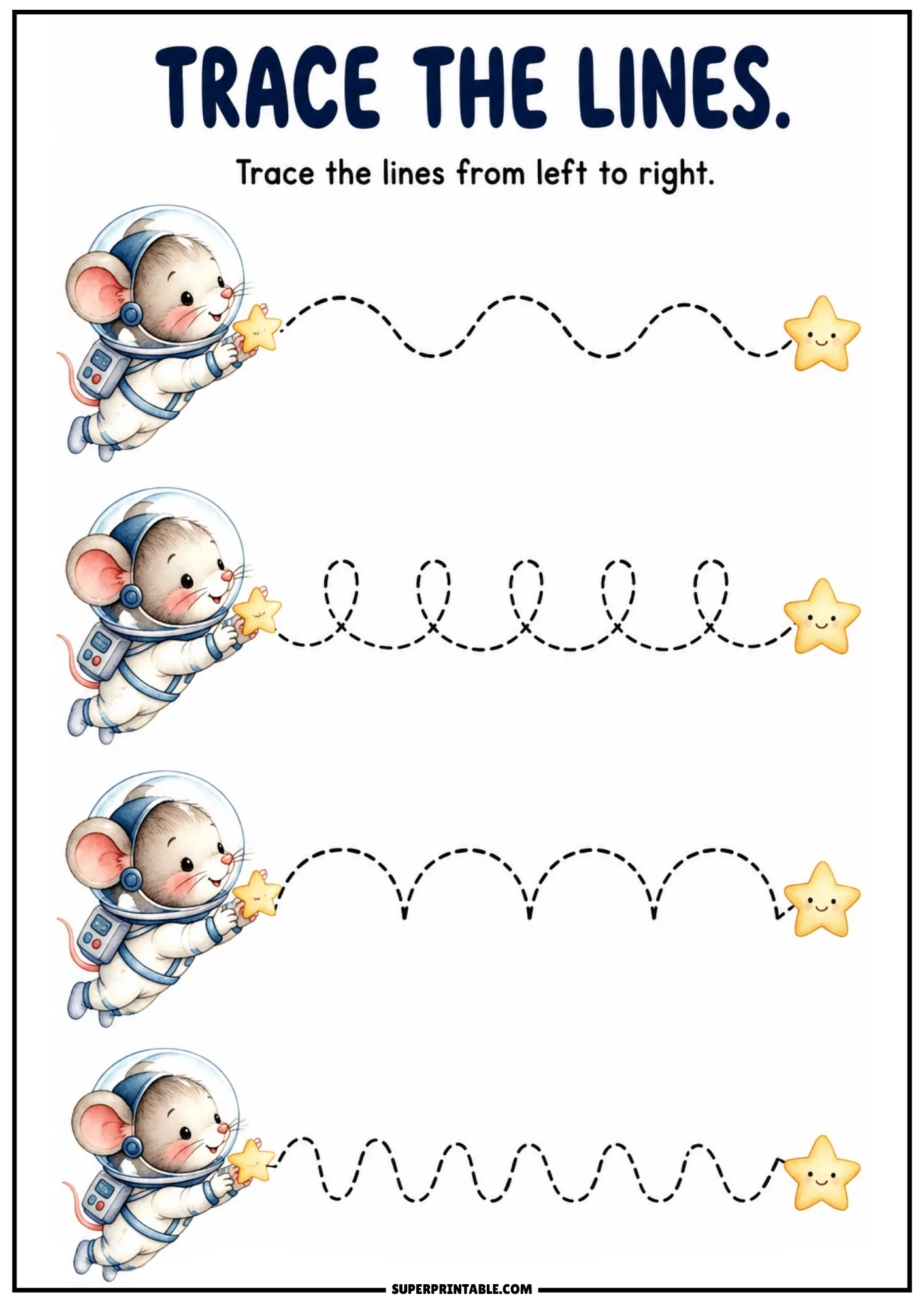Tracing worksheet showing mouse astronauts catching stars with four different pattern lines including waves and loops.