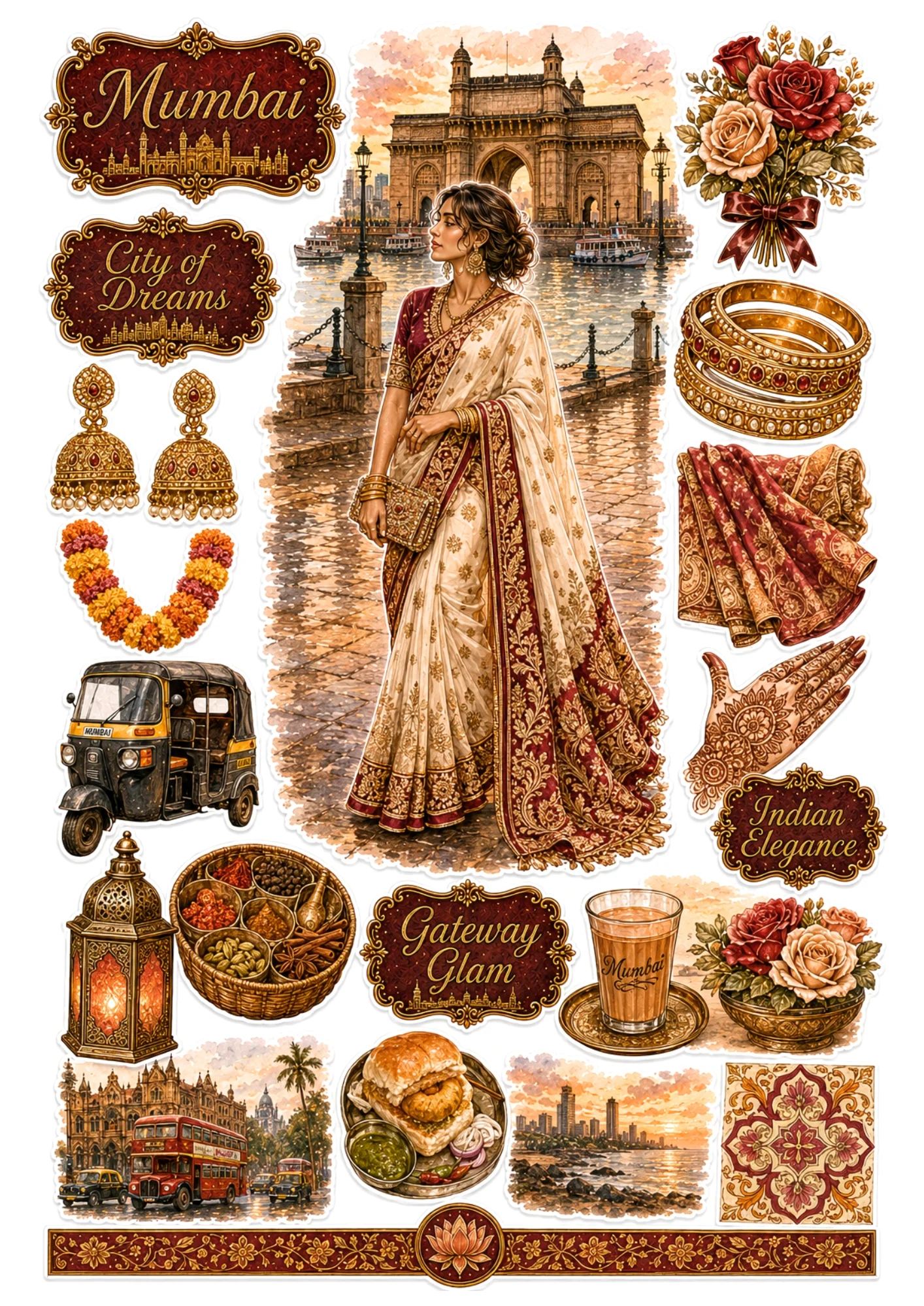 Mumbai sticker collection displaying a woman in a silk saree at Gateway of India, auto rickshaw, cutting chai, and vada pav.