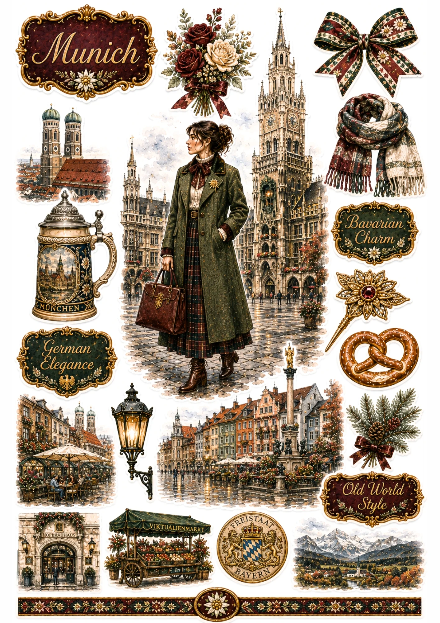 Munich sticker collection with a woman in an olive coat at Marienplatz, ornate beer stein, pretzel, and Frauenkirche towers.