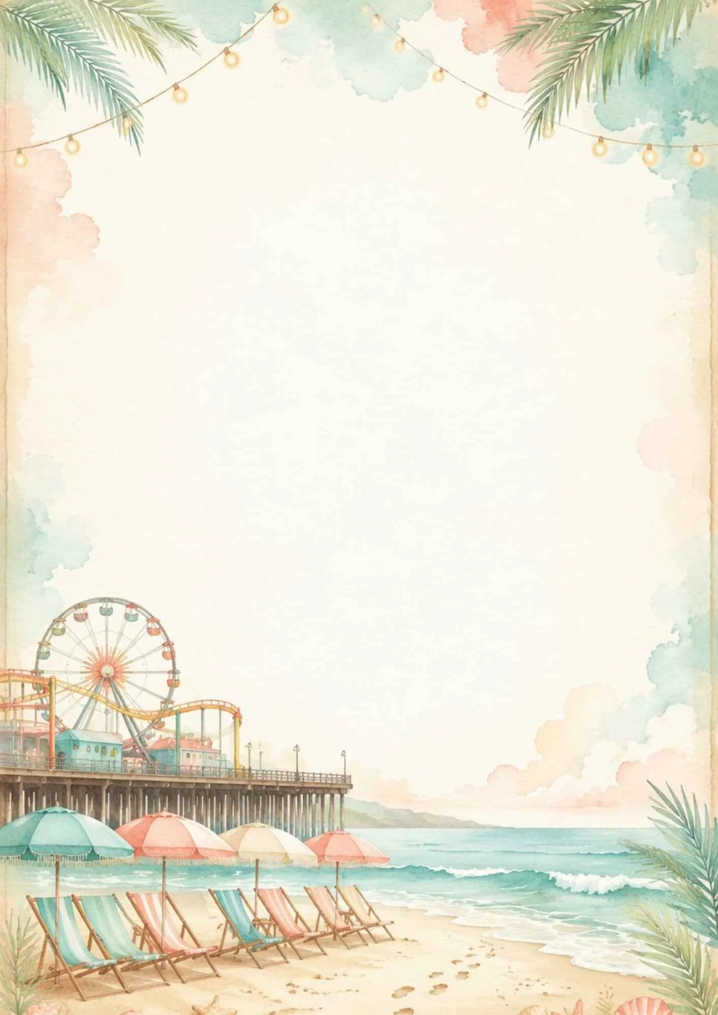 A watercolor writing page showing the Muscle Beach outdoor gym rings and ropes near the ocean.