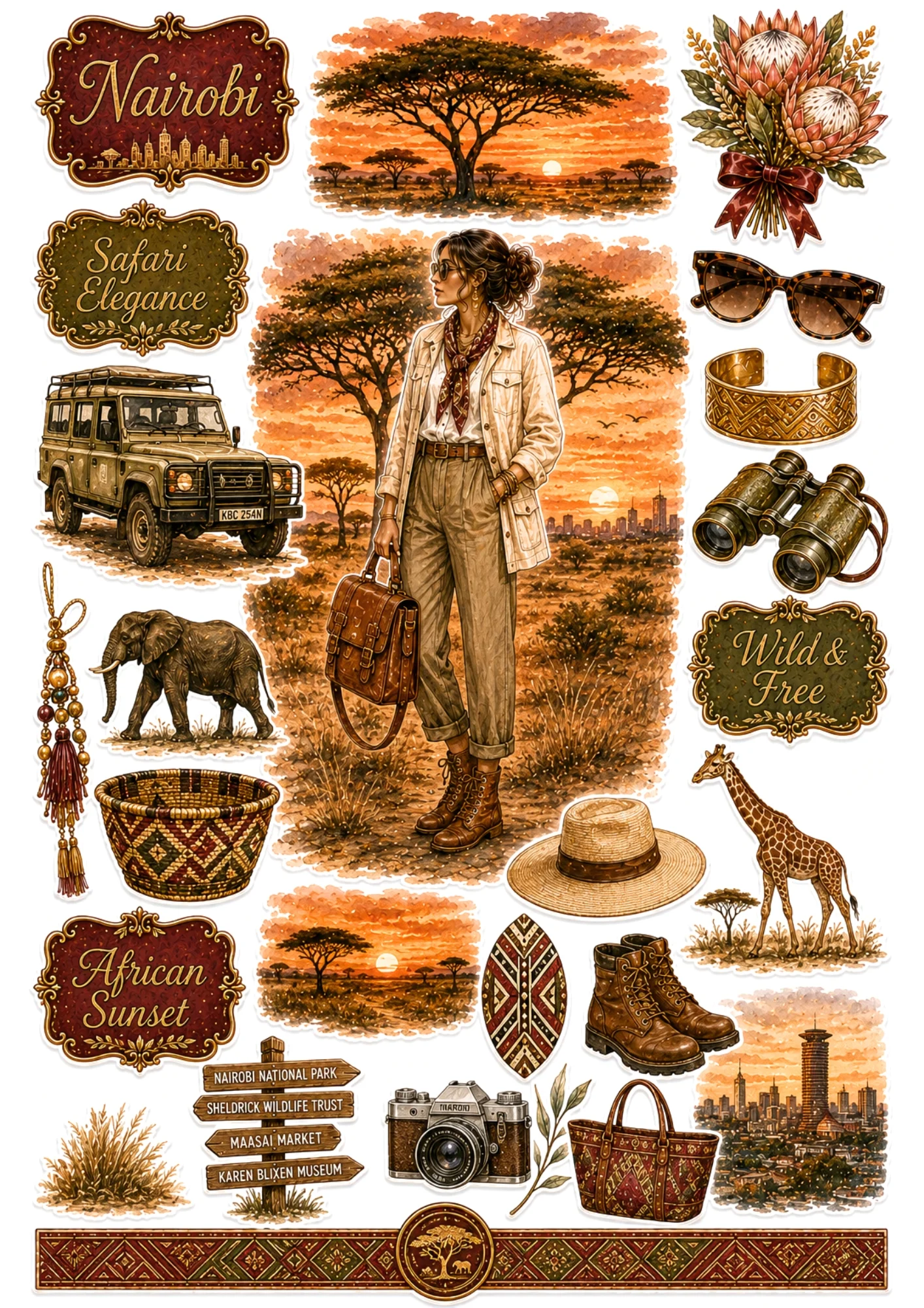 Nairobi sticker collection showing a woman in safari jacket under acacia sunset, 4x4 Land Rover, elephant, and giraffe.