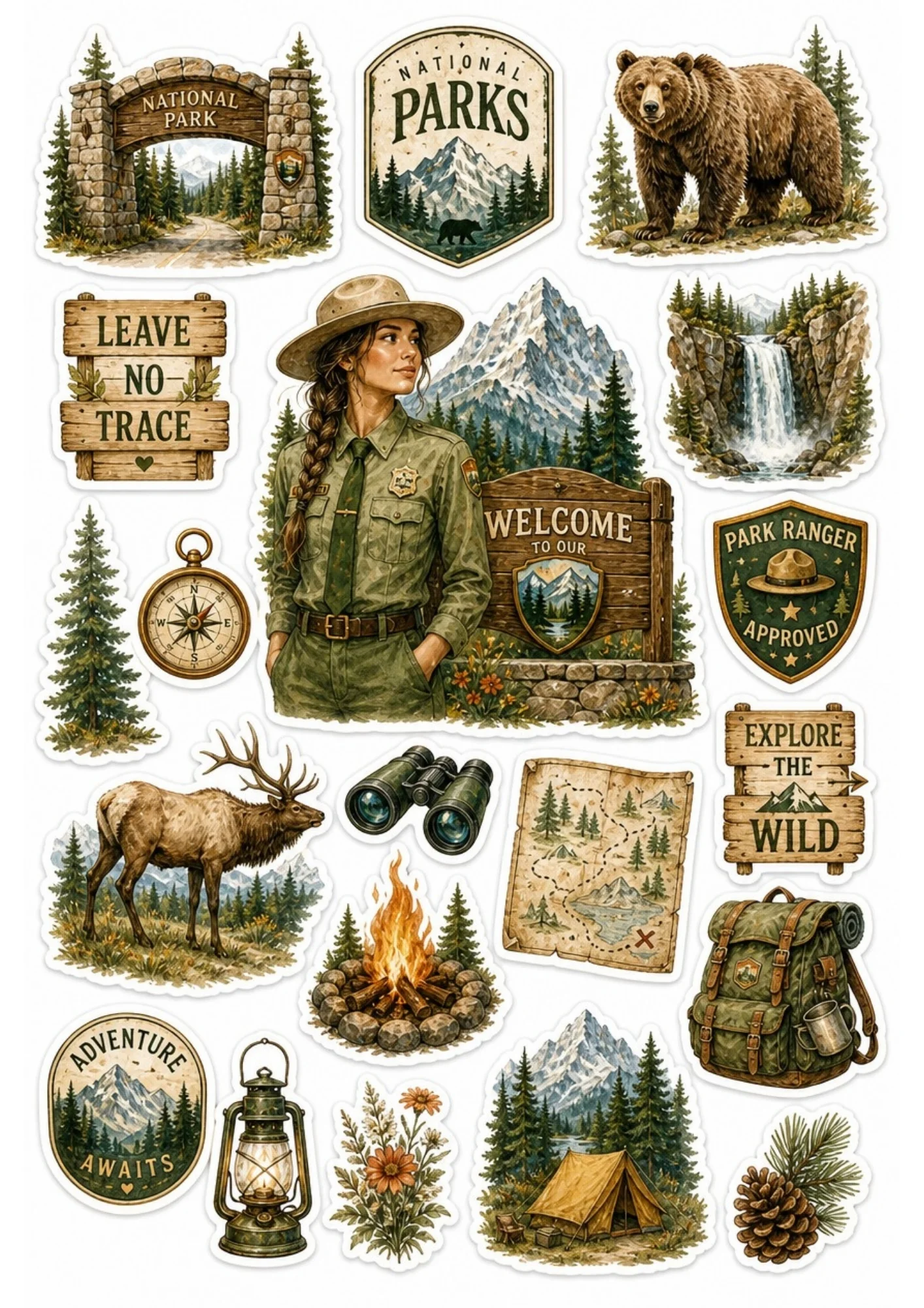 A female park ranger standing in front of mountain scenery. Surrounding stickers include a grizzly bear, an elk, waterfalls, compasses, binoculars, and text saying 'National Parks' and 'Leave No Trace'.