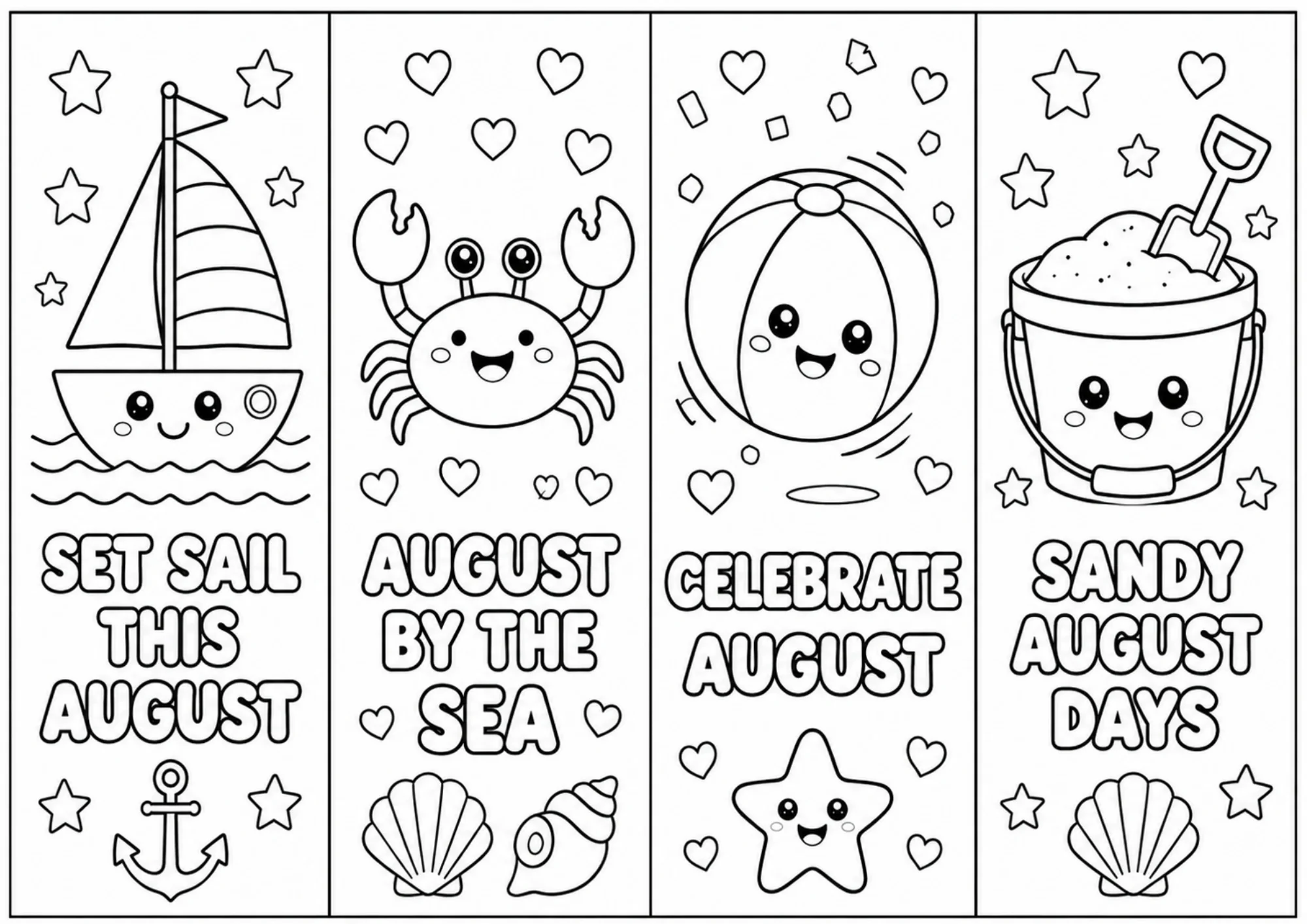 Black and white printable coloring bookmarks featuring a sailboat, cute crab, beach ball, and sand bucket with August summer phrases in bold outlined text.