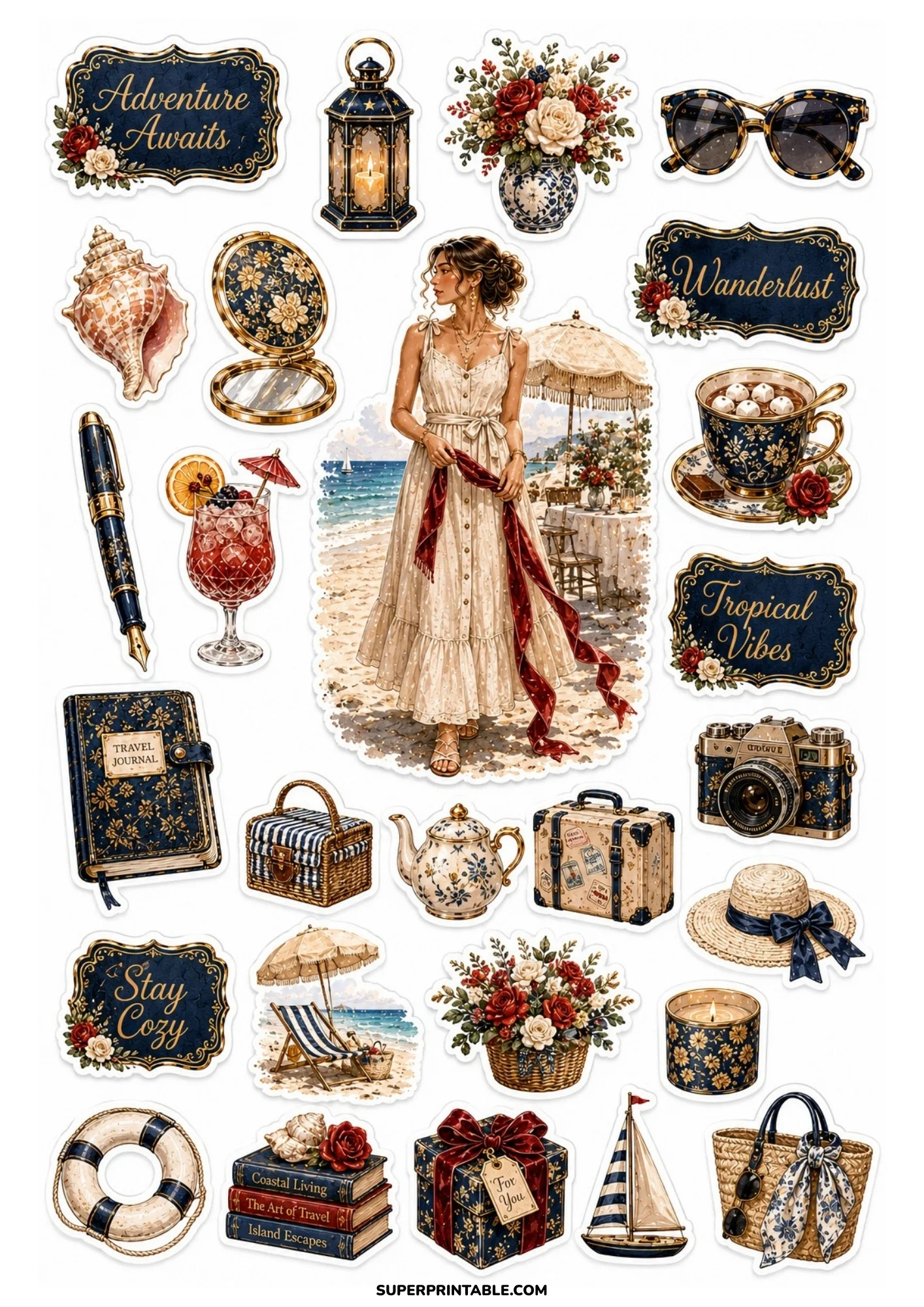 A printable sticker sheet containing a woman by the sea, floral teapot, blue pattern tea cup, woven basket, lifebuoy, and stacked travel books.