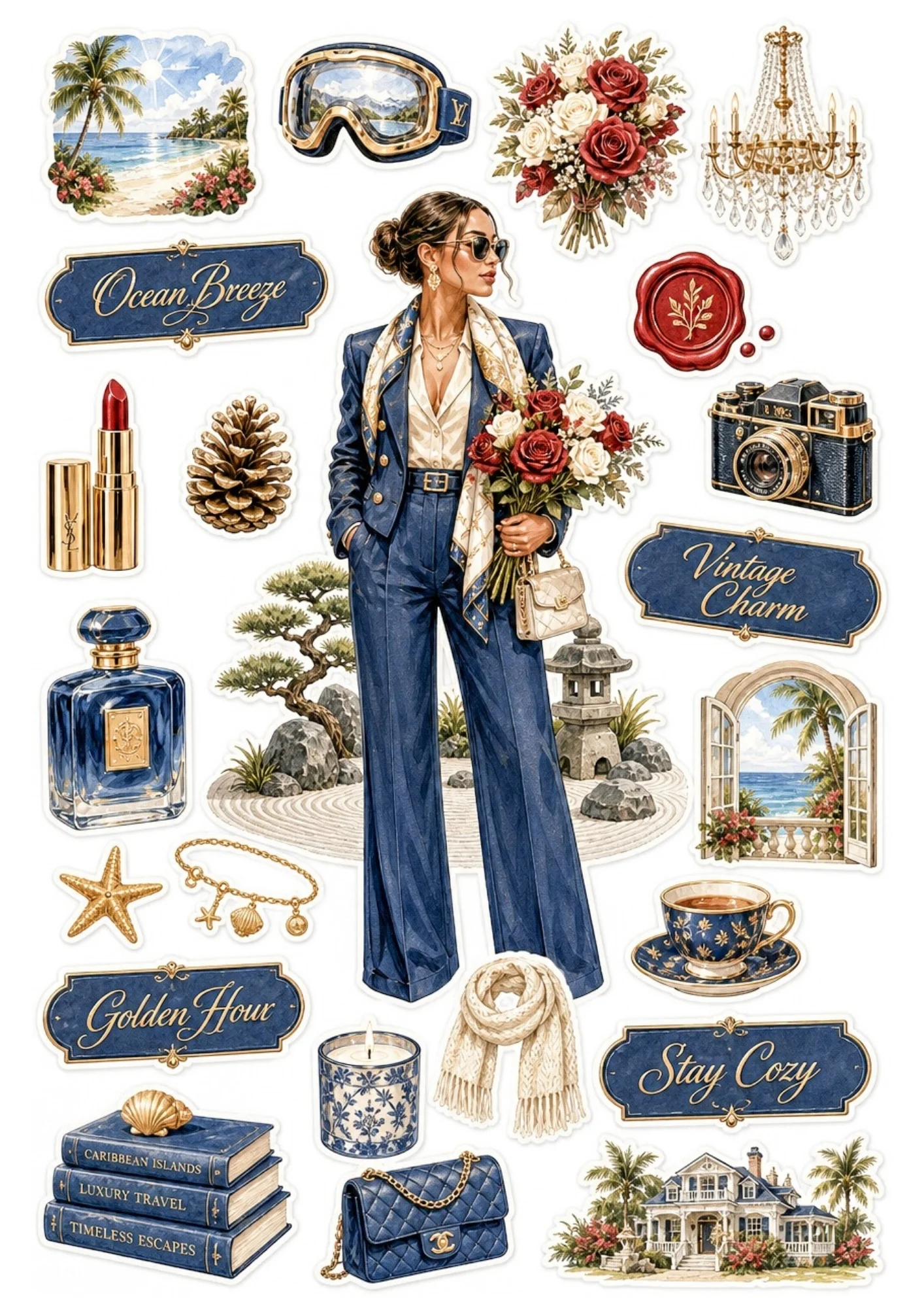 Printable sticker sheet depicting a woman in a navy blue suit holding a rose bouquet, surrounded by items such as a travel book stack, teacup, ocean window view, and camera.