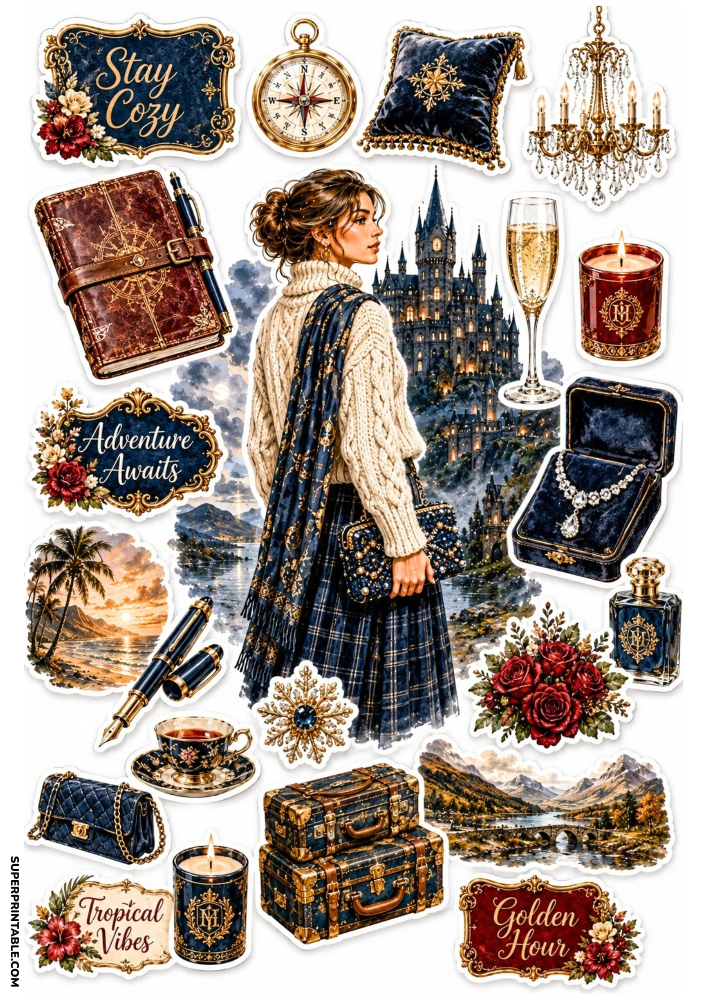 Navy blue themed sticker sheet featuring a woman in tartan skirt before a castle, blue luggage trunks, compass, and luxury items.