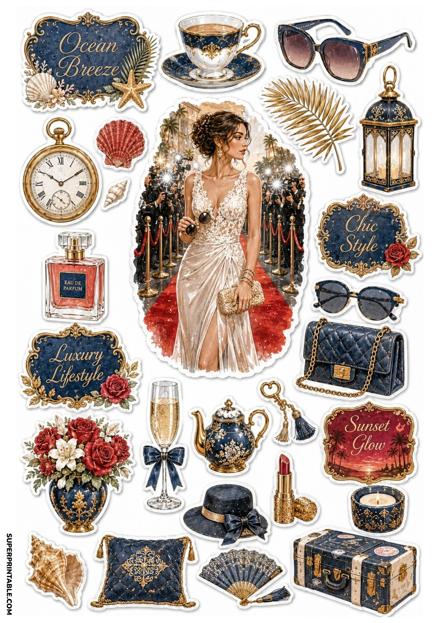 Navy blue luxury sticker sheet showing a woman on a red carpet, gold teacups, red rose bouquet, quilted handbag, and ornate script labels.