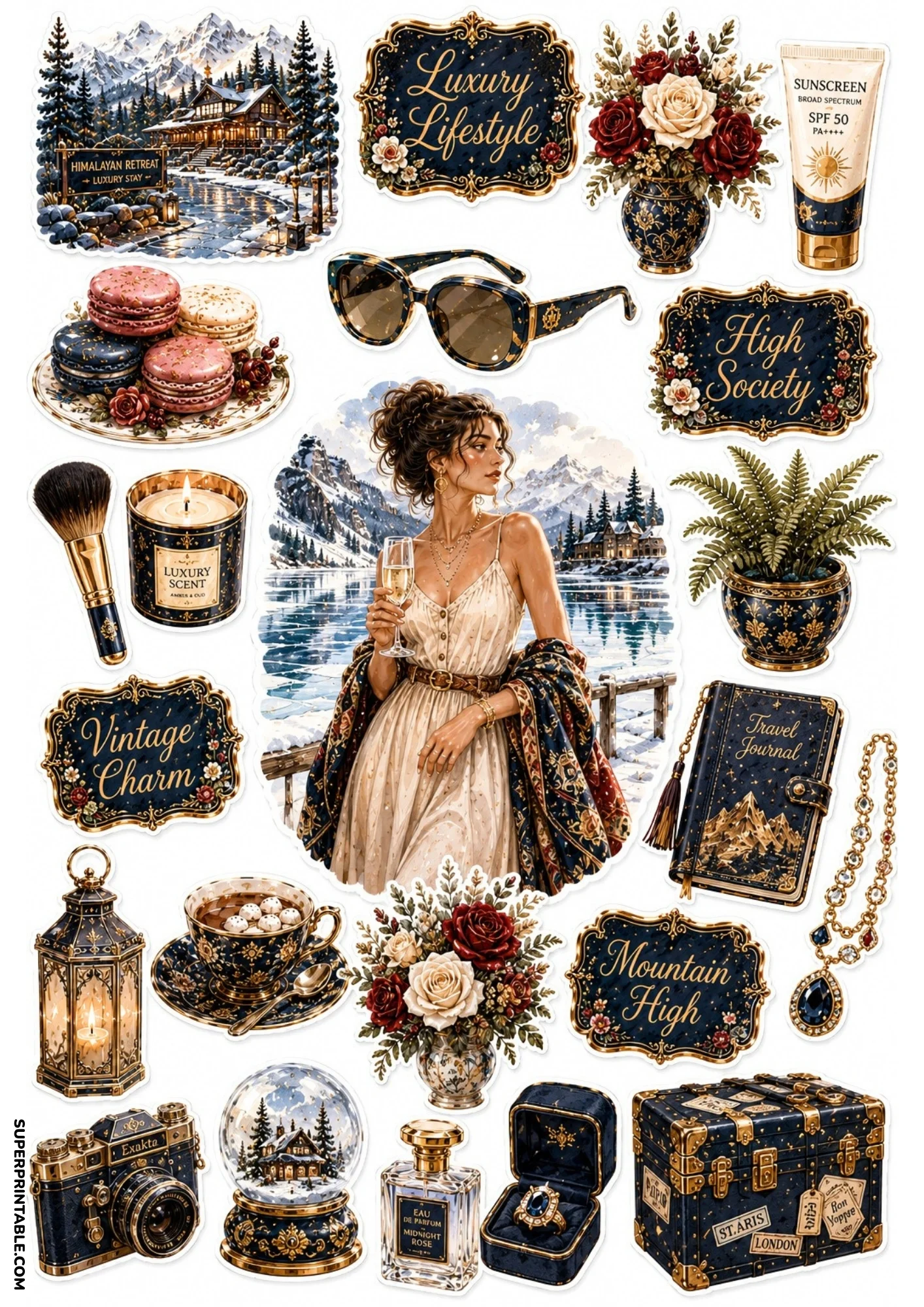 Sticker sheet with navy blue and gold illustrations of a woman on a winter mountain deck, snow globe, perfume bottle, navy travel journal, and ring box.