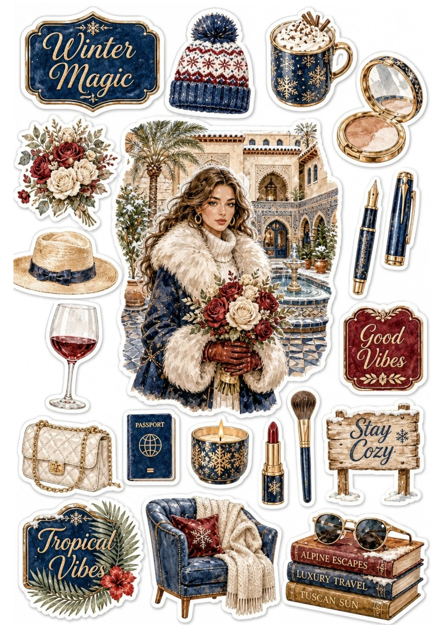 A navy blue sticker sheet featuring a woman in a fur-trimmed coat, red roses, plush armchair, passport, and snowflake mug.