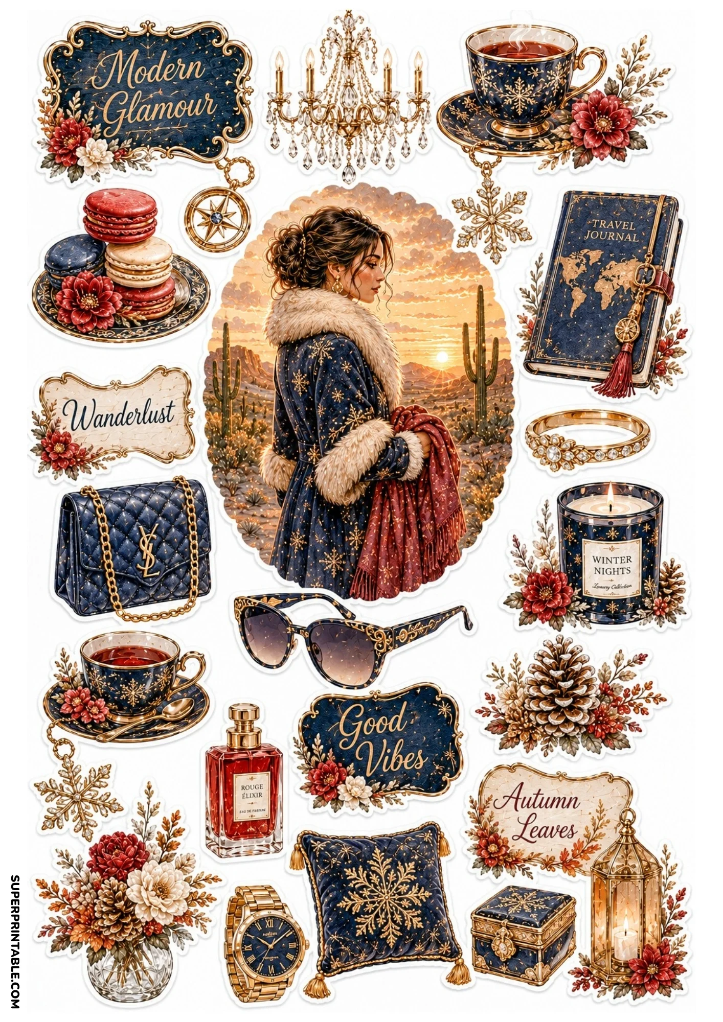 Printable sticker sheet featuring a woman in a navy fur-trimmed coat in a desert setting, surrounded by navy macarons, a travel journal, winter candle, gold lantern, and navy leather handbag.